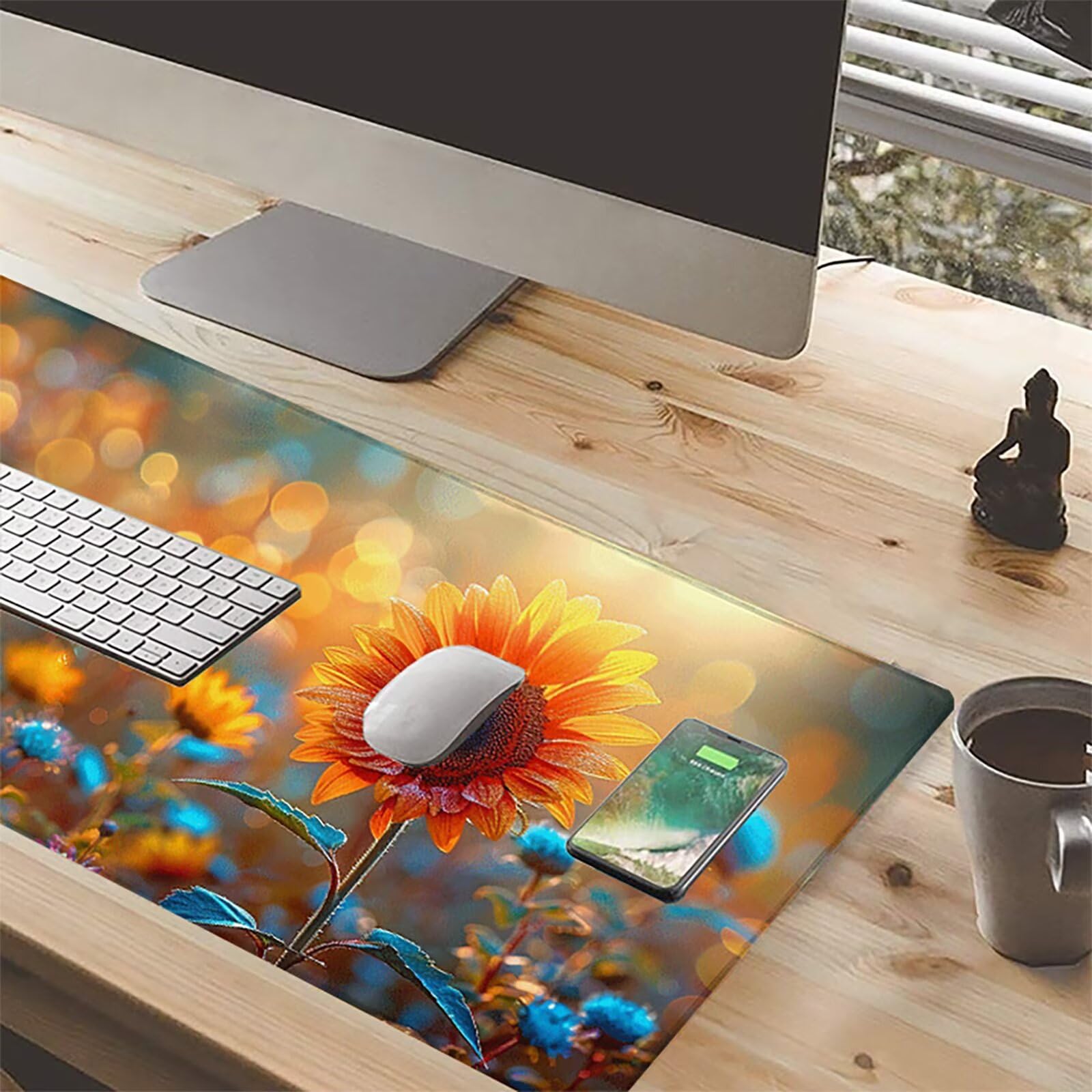 Girasol Alfombrilla Ratón Gaming XXL 1500x800mm, Alfombrilla Gaming Amarillo Mousepad con Base de Goma Antideslizante, Impermeable Desk Mat para Teclado y Raton, Accesorios Gaming, Regalos F-T