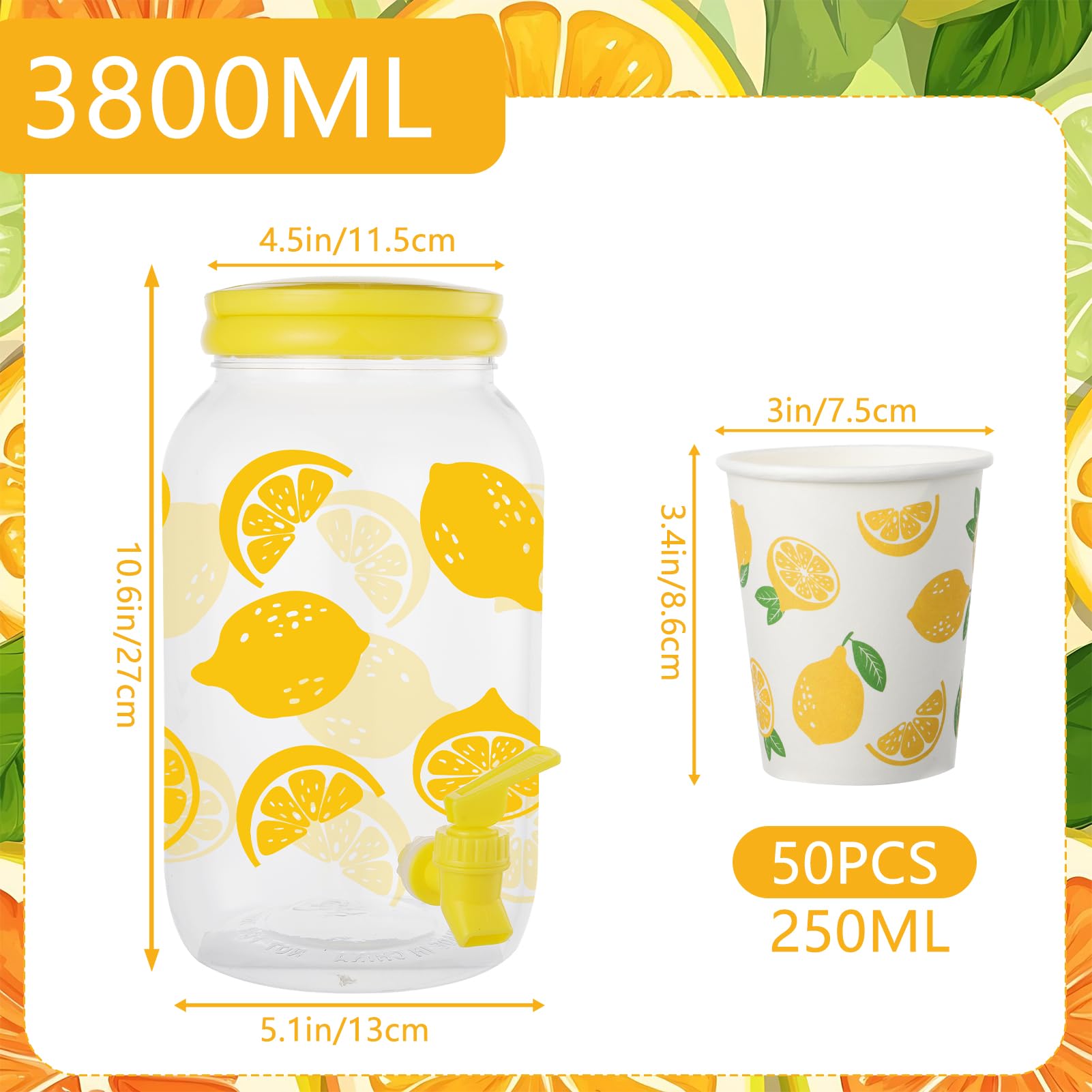 Lemon Plastic Drink Dispenser and 50 Pcs Lemon Paper Party Cups 1 Gallon Iced Beverage Dispenser Tea Jar with Spigot and Carrying Lid Clear Dispenser for Lemonade Stand Lemon Juice Tea Beer