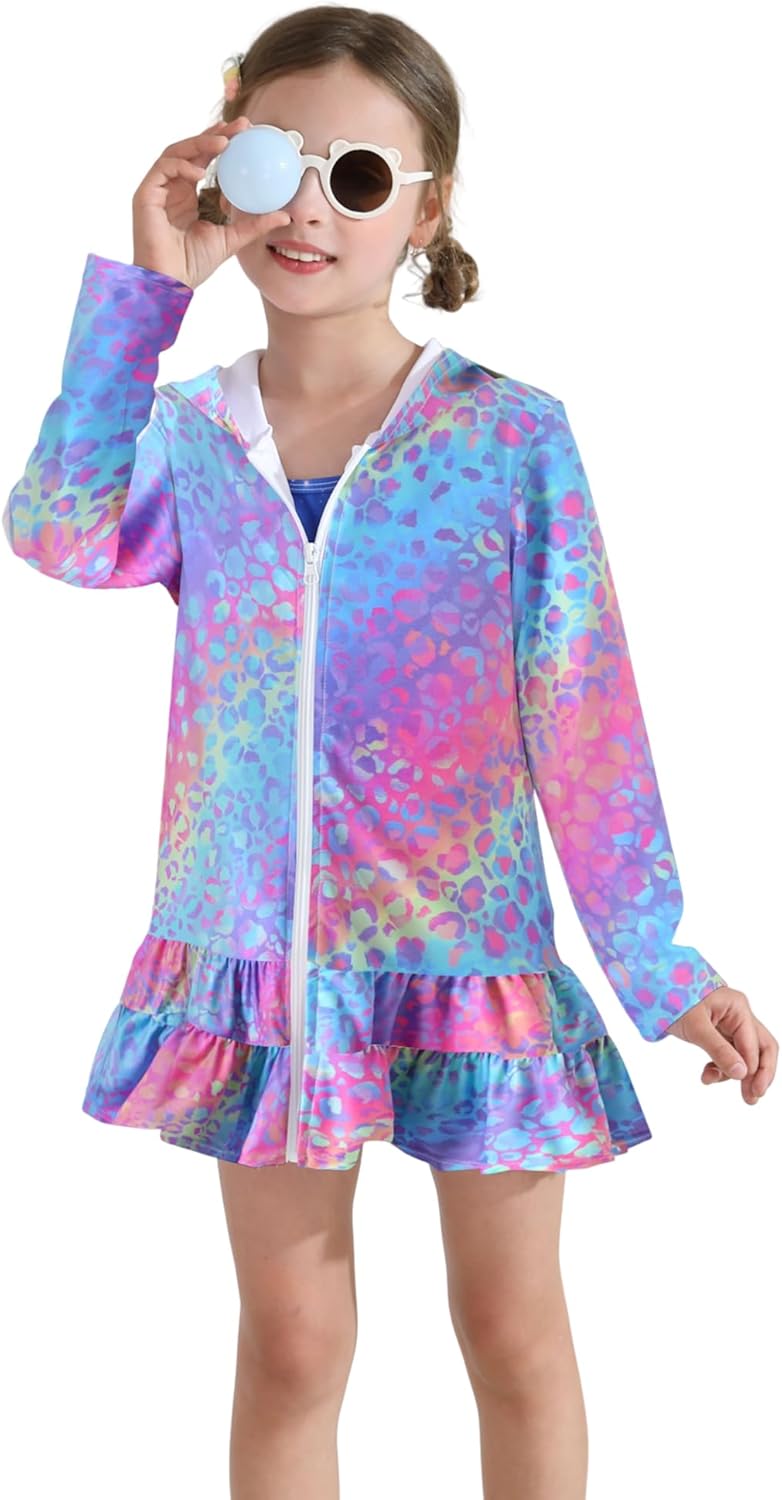 Girls Swim Cover Up Dress Long Sleeve Hooded Zip Up Bathing Suit Cute Ruffle Coverup Kids Pool Beach Robe 4-10Y - Image 2