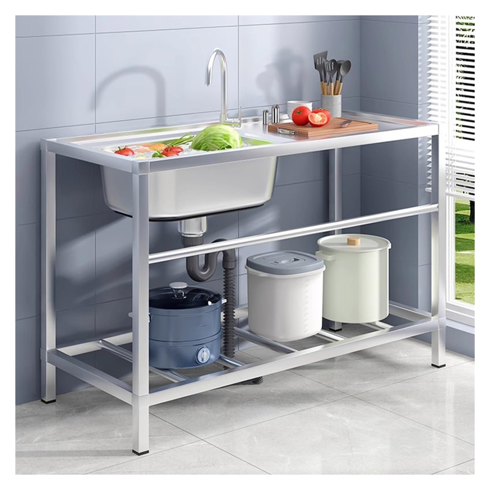HCZKIUJY Kitchen Utility Sink,Commercial Stainless Steel Utility Sink, Outdoor Freestanding Kitchen Sink for Restaurant, Hotel, Garage + Laundry Room (Silver-90x42x75cm)