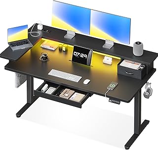 OffiGo Mesa de Escritório Elevável, 1 Peça de Tampo, 140x60 cm Mesa Elétrica com Suporte em L para Monitor, Mesa de Pé com Gaveta, Mesa Ergonômica Ajustável em Altura com Porta USB, Preto