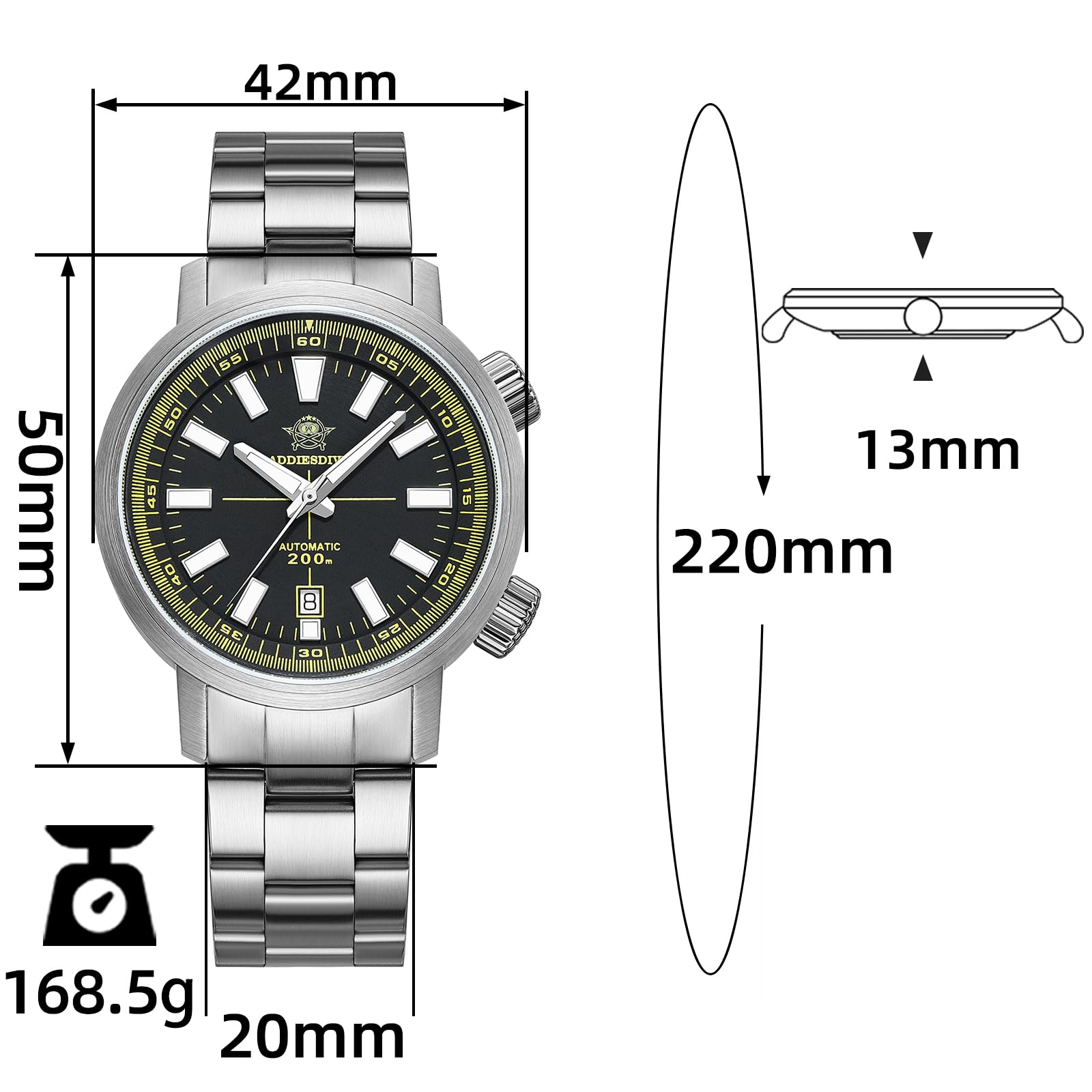 ADDIESDIVE 42 mm męski mechaniczny zegarek do nurkowania z obrotowym wewnętrznym bezelem, mechanizm 8215, wodoodporność do 200 m, BGW9, świecące szkło szafirowe, AD2093