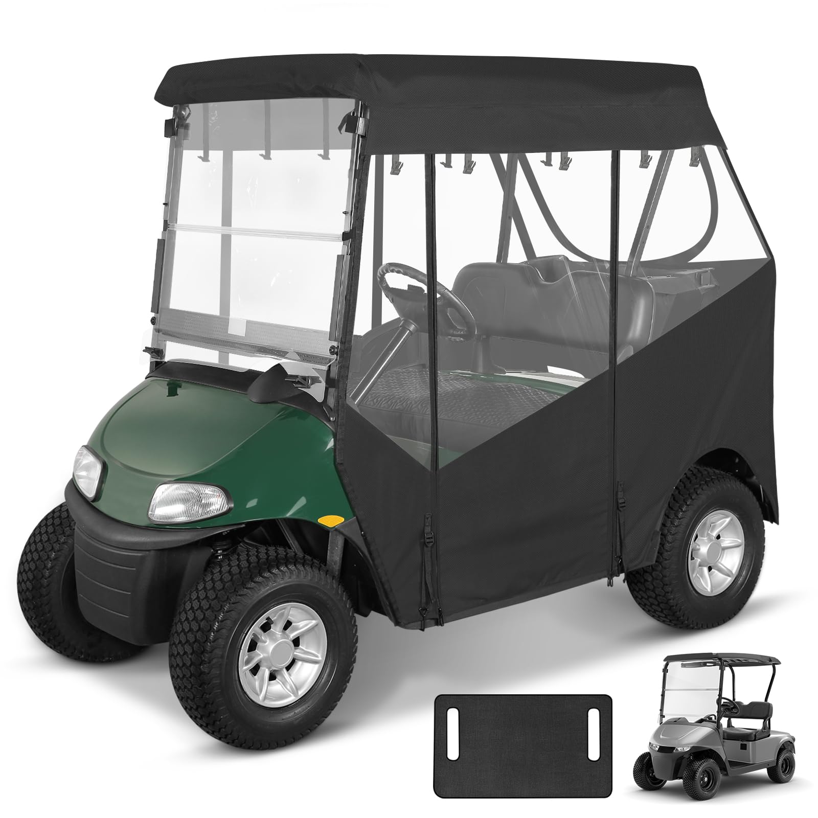 Golf Cart Enclosure 2 Passenger for EZGO RXV 2-Seater Open Front Windshield Roll-up 3-Sided Clear Windows Mirror Zipper Door Waterproof Transparent Driving Rain Enclosure Black (with Seat Towel) — image 1