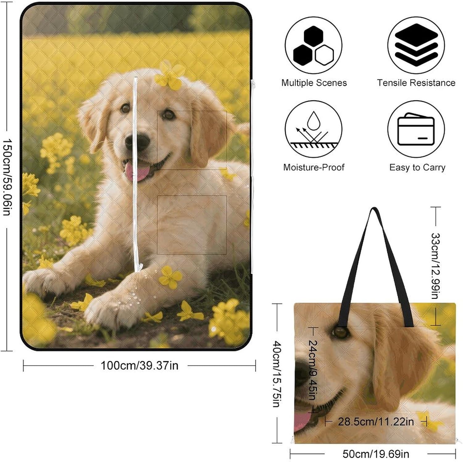 Cute Dogs Picnic Blanket 150x100cm, Foldable 2-in-1 Picnic Mat and Tote Bag Portable Waterproof Beach Mat Sandproof Outdoor Blanket for Park, Hiking, Beach, Camping, Travel