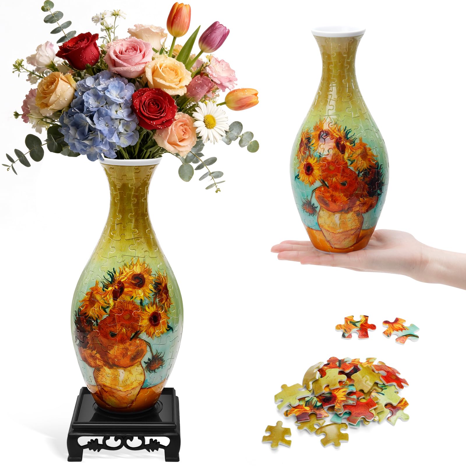 Puzzle 3D pour Adultes - Vase Coloré - 160 Pièces - Kit de Bricolage - Jeu de Puzzle Relaxant - Montage Facile sans Colle - Décoration Moderne - Tournesol - 24 cm de Hauteur - 1