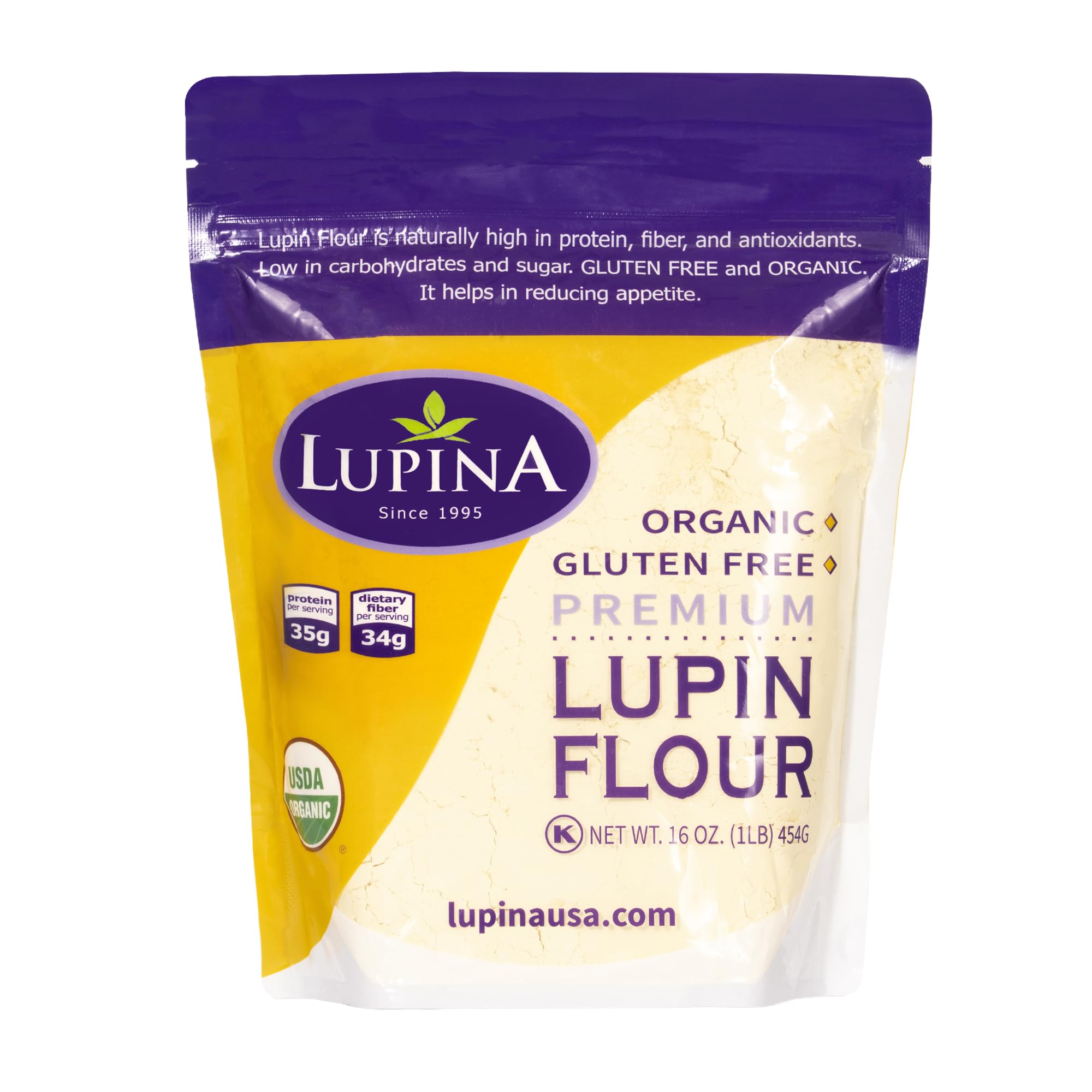 Lupina Organic Gluten-Free Lupin Flour –16 oz- High-Protein, High-Fiber, Low-Carb Plant-Based Flour – Non-GMO Vegan Superfood for Baking, Smoothies & Healthy Cooking