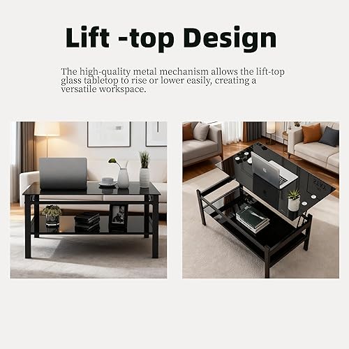 Miniatura 3 de Meihua Lift Top Glass Coffee Table with Storage Compartment and Separated Open Shelves, Lift Tabletop for Living Room Home, Office, Black