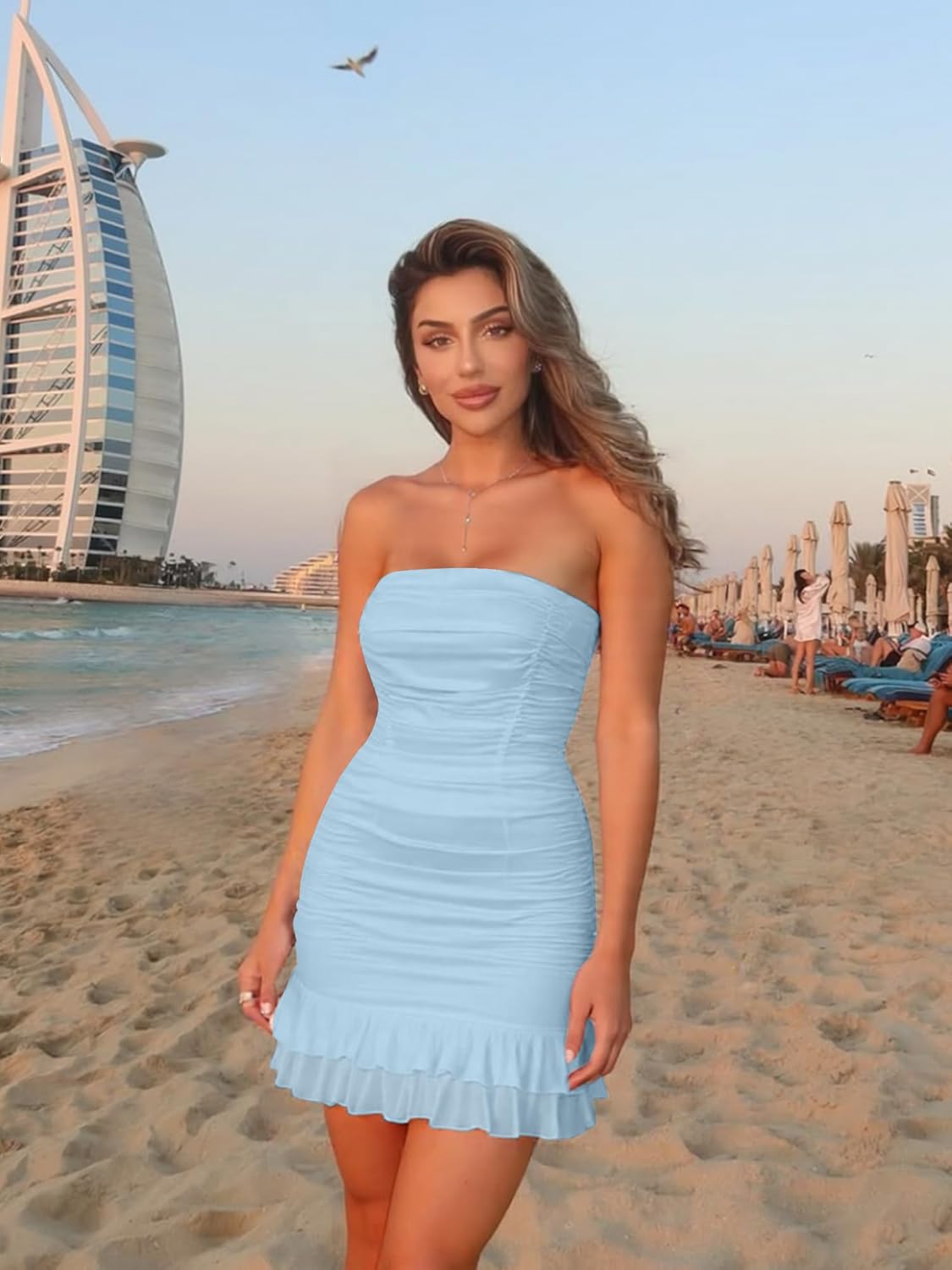 Mizoci Women's Sexy Tube Top Bodycon Mini Dress Strapless Ruffle Bow Back Ruched Party Short Dresses - Image 6