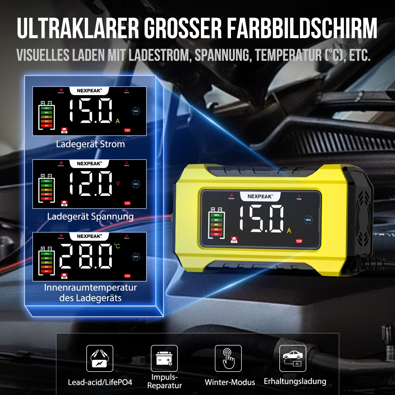 NEXPEAK NC215 15A Autobatterie Ladegerät, 12V 24V LiFePO4 Blei-Säure Tragbares Autobatterieladegerät 9-stufiges Intelligentes Batterieladegerät für Auto, LKW, Motorrad, Rasenmäher, Boot, Marine