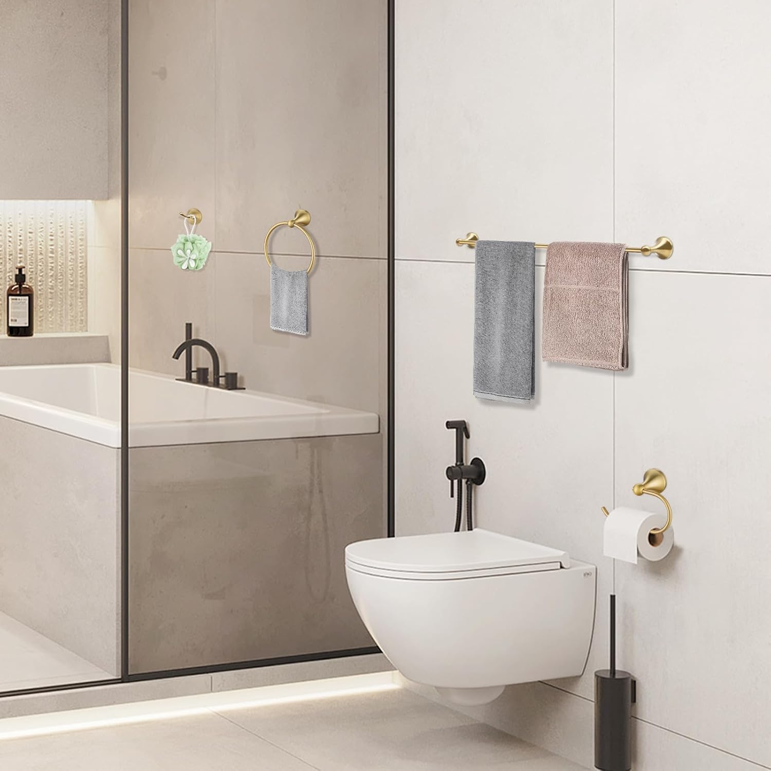 Brushed Gold Bathroom Hardware Set Wall Mounted Gold Accessories Set 4 Pieces Bathroom Hardware Set, 23.6 inch Towel Bar | Towel Hook | Toilet Paper Holder | Hand Towel Holder - Image 6