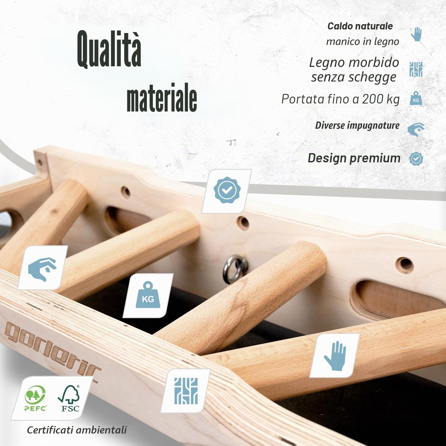 GORLETIC Titan Barra per Trazioni Legno Massello Parete e Porta 130 kg | Antiscivolo 6 posizioni di presa diverse Montaggio facile a parete Multifunzione per arrampicata e crossfit