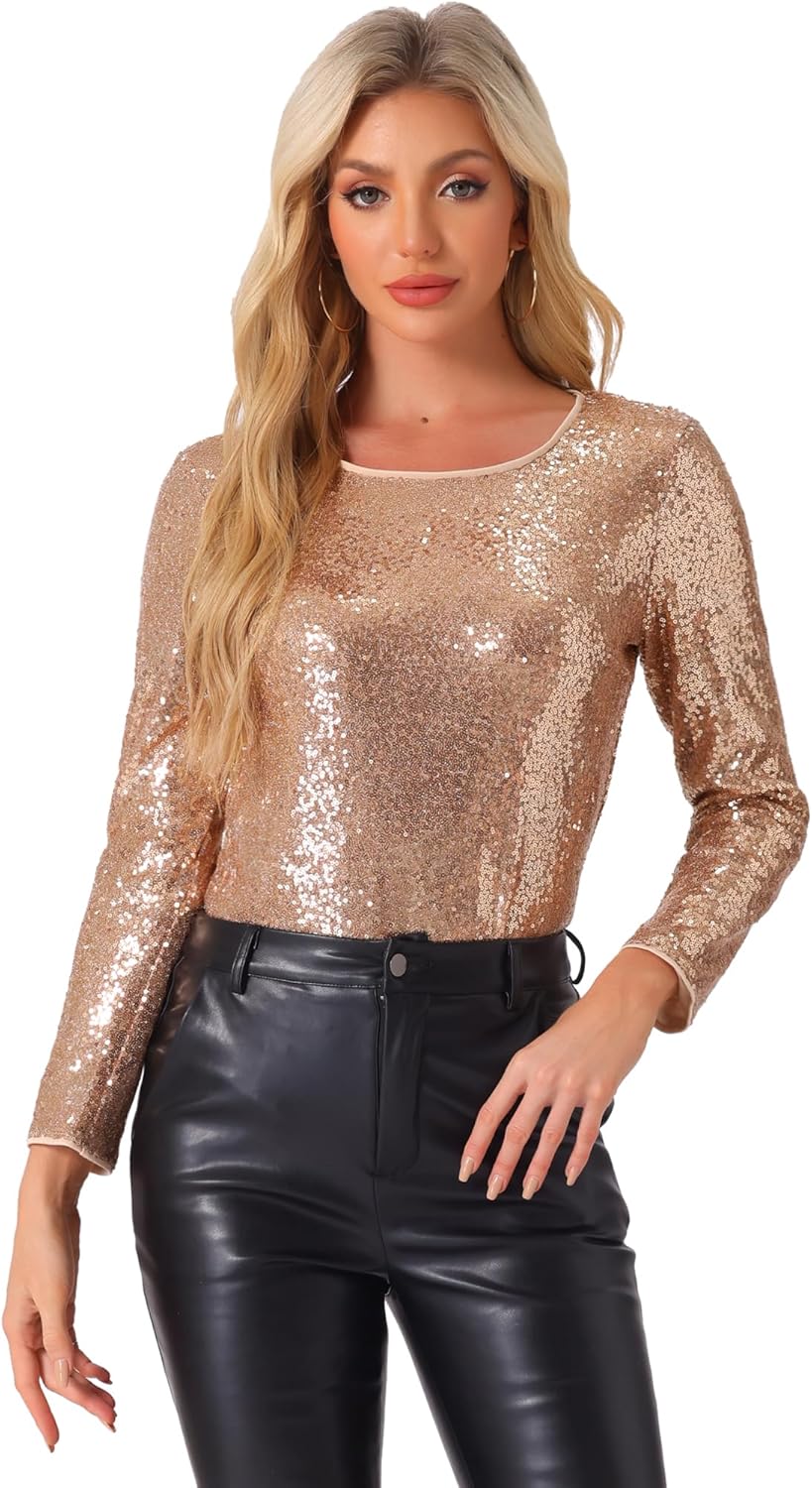 Allegra K Sequin Tops for Women Round Neck Long Sleeve Shiny Sparkly Blouse Evening Party Club Disco Outfits