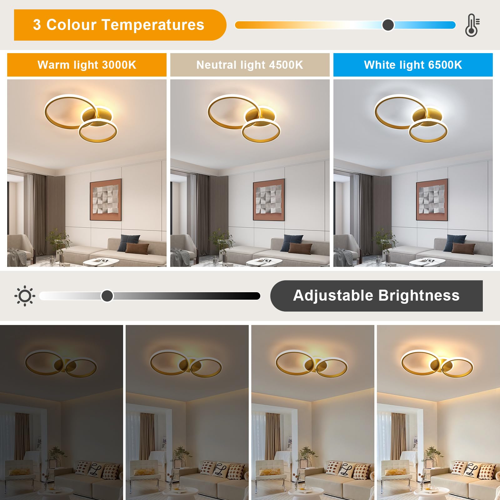 Comely Nowoczesny Złoty Plafon LED, 42W Regulowana Lampa Sufitowa Z Pilotem 3000K-6500K, Okrągły Żyrandol Plafon LED Do Sypialni Salonu Jadalni Korytarza