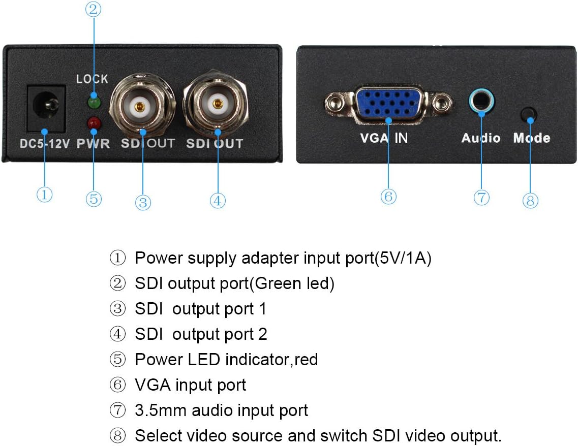 1 Port Vga to 2 Ports Sdi (SD-SDI/HD-SDI/3G-SDI) Audio Converter for SDI Broadcast Room, No-Linear Editing Field, CCTV Security