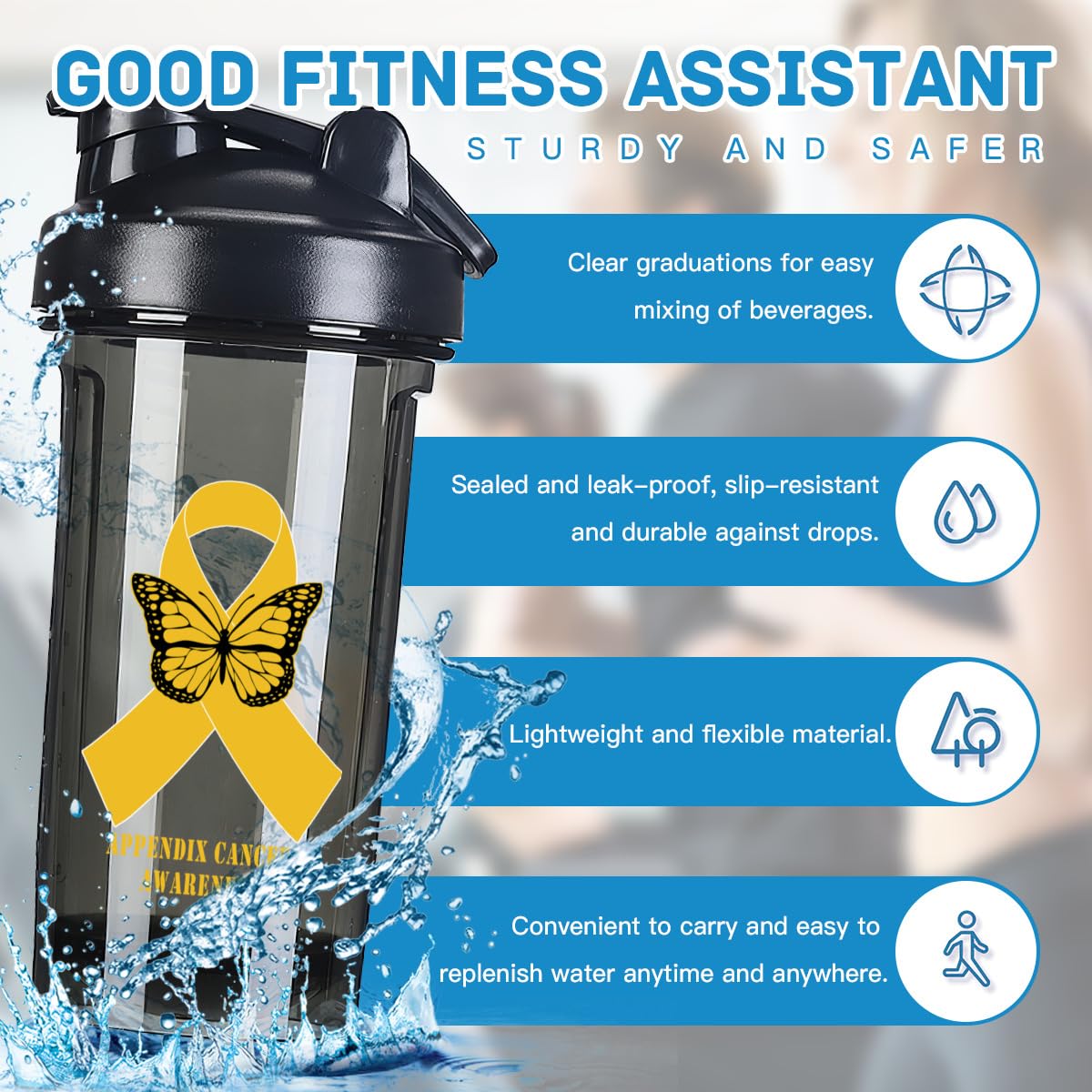 Appendix Cancer Awareness 18 Ounce Shaker Bottle Drink Mixer Leak-proof Pre Workout Protein Shakes Meal Replacement Shakes Bottles 500ML/18 Oz Black