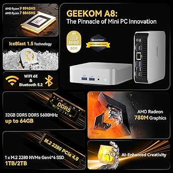 GEEKOM A8 Mini PC, AMD Ryzen 7 8845HS Mini Computers (up to