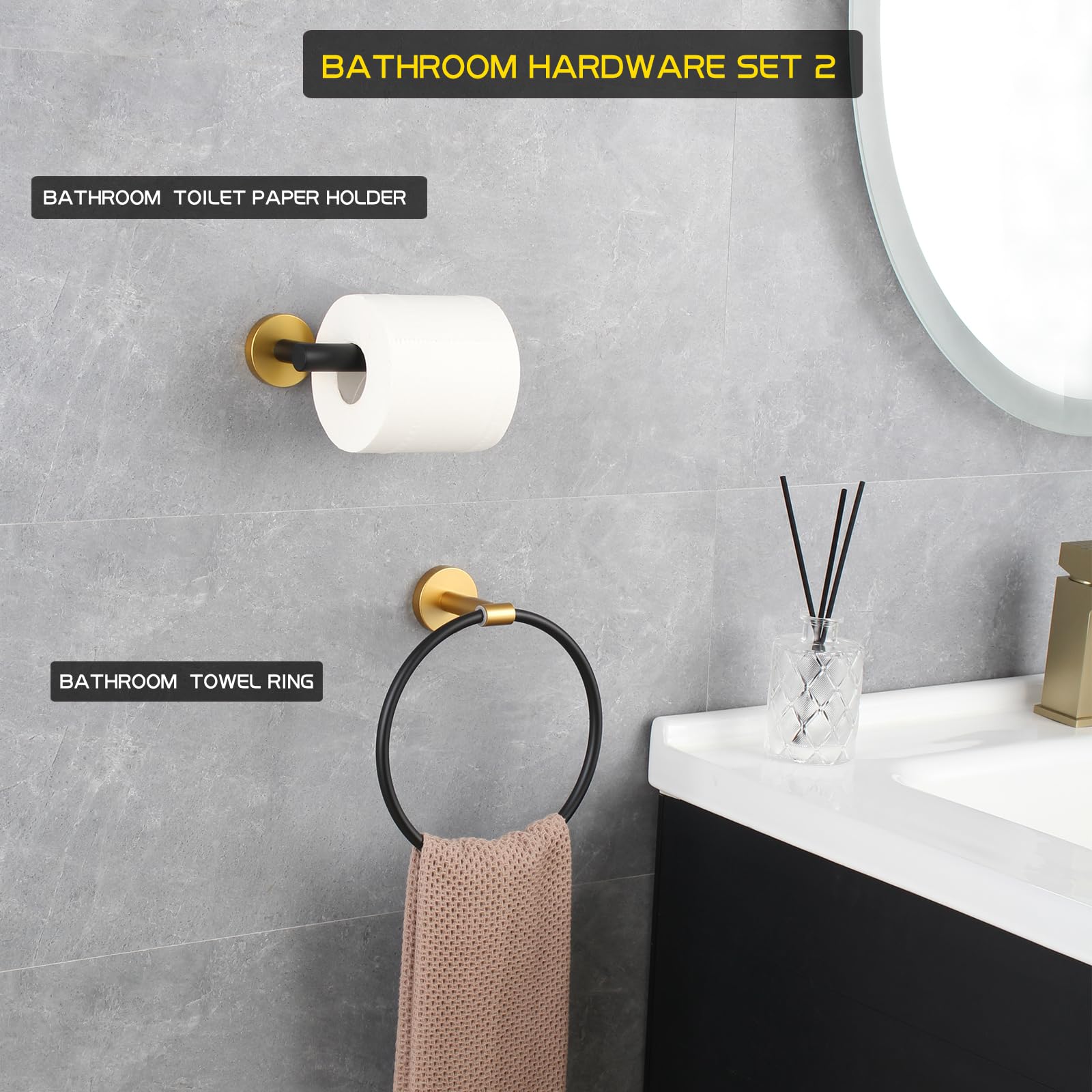 GERZWY 2 Piece Bathroom Hardware Set Stainless Steel Towel Ring and Toilet Paper Holder Wall Mounted (Black & Gold)
