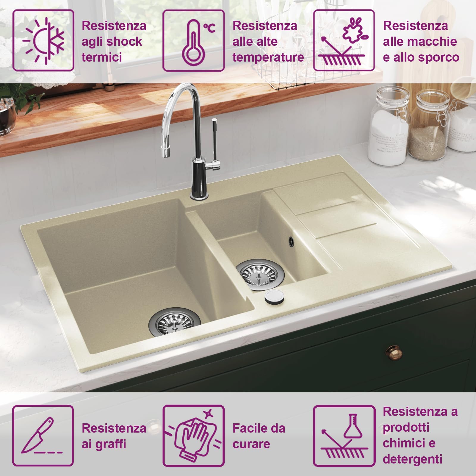 vidaXL Lavello da Cucina in Granito Naturale Stile Contemporaneo Elegante Vasca Doppia Reversibile con Filtro Lavandino Lavabo Beige