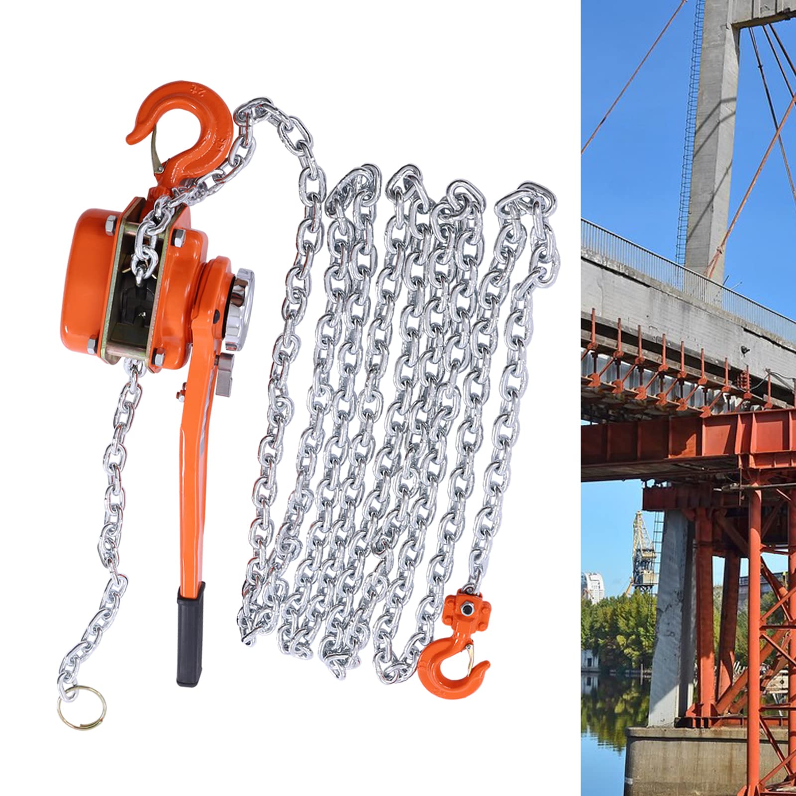 Manual Lever Chain Hoist, 1.5T/3300lbs Lifting Capacity 20 FT Lifting Height, G80 Manganese Steel Galvanised with Braking Device Chain Hoist,Two Hooks with Latches Chain Hoist for Garage Factory Dock