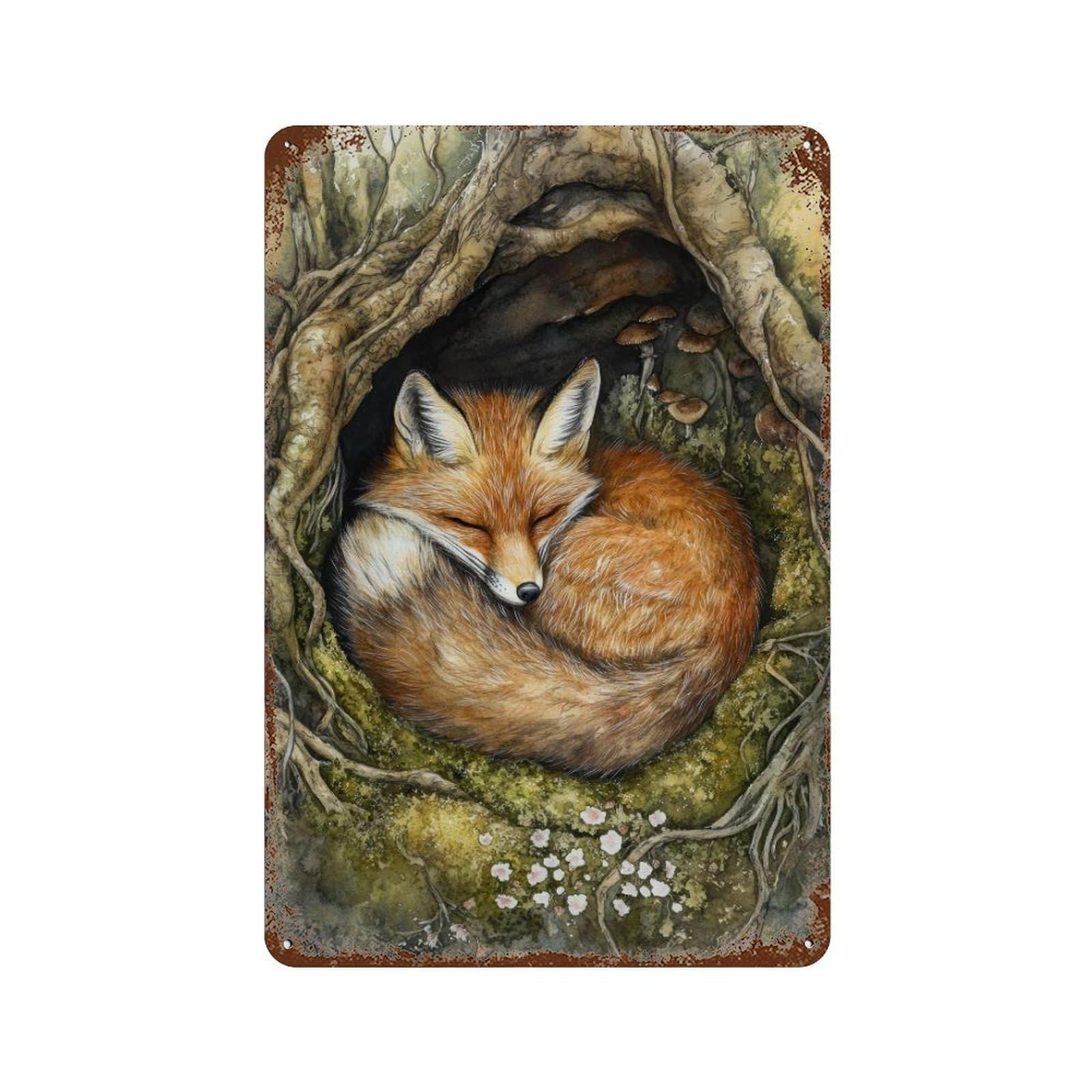 Sleeping Fox in Tree Roots Cottagecore Decor Rustic Wildlife Illustration Enchanted Woodland Wall Decor Art Metal Tin Poster Modern Home Decor Art Home Bar Shop Decorations Vintage Sign 30x20cm