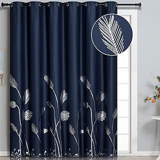 Estelar Textiler Blackout Curtain for Patio Door 80W x 84L Inch Long Silver Palm Tree Pattern Grommet Window Energy Saving Blind for Bedroom, 6.6ft Wide x7ft Long, Navy Blue, 1 Panel
