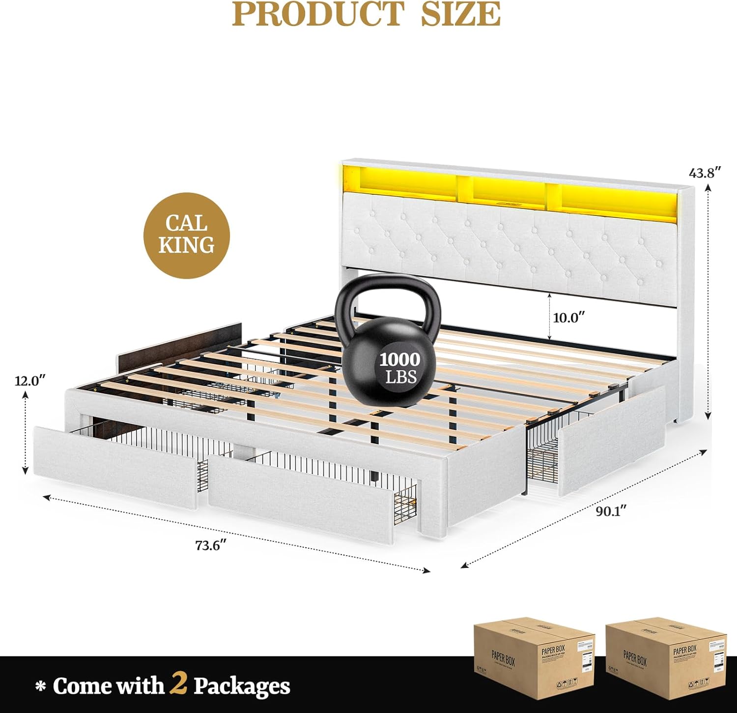 California King Bed Frames with 4 Drawers, Hidden Storage Headboard with LED Lights and Charging Station, Upholstered Cal King Platform Bed, Noise Free, No Box Spring Needed, White