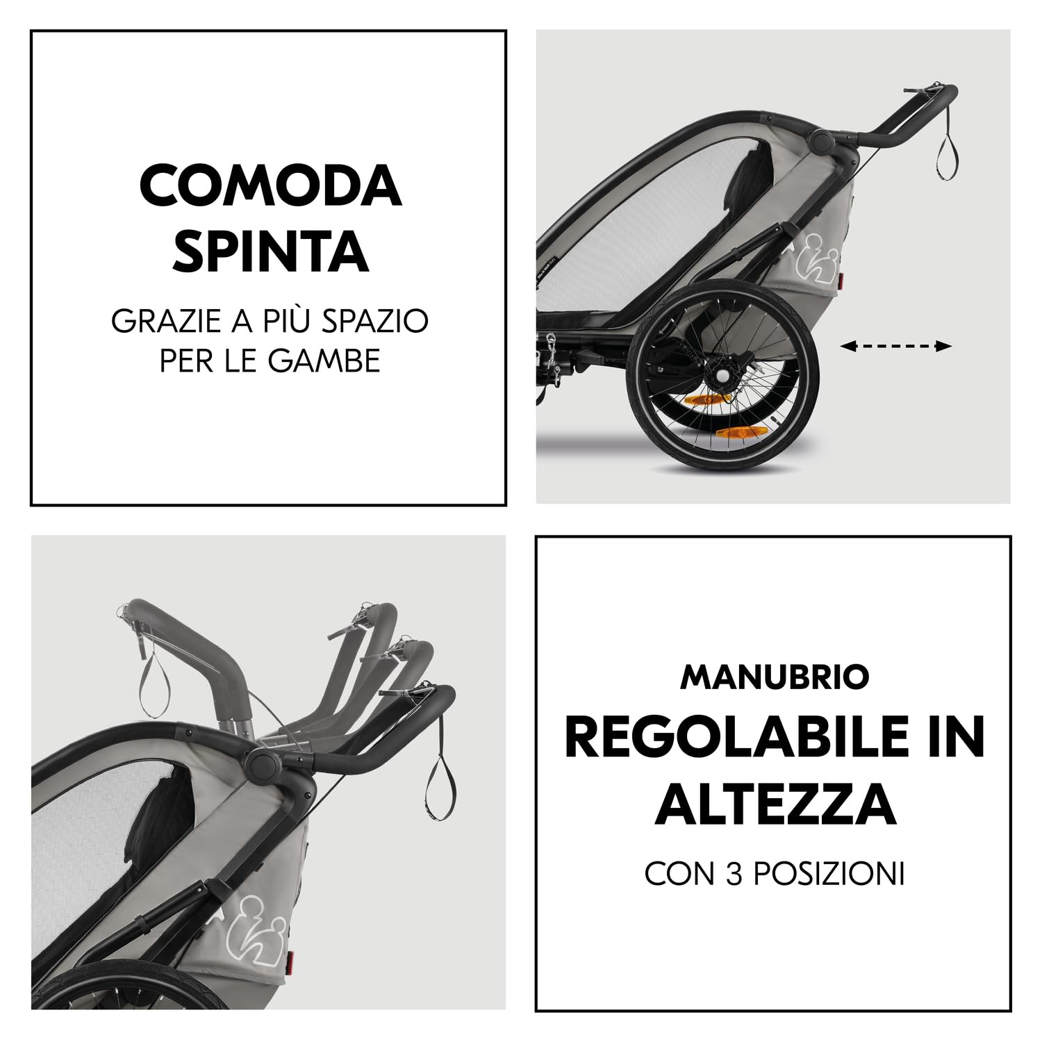Hauck Bike N Walk Duo 3in1 Rimorchio Bici Bambini 2 Posti 22 kg 120 cm Light Grey
