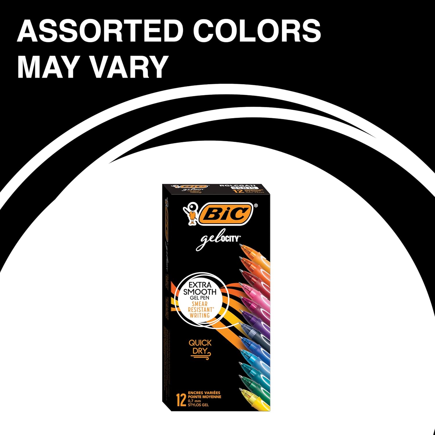 BIC Gelocity Quick Dry Assorted Colors Gel Pens, Medium Point (0.7mm), 12-Count Pack, Retractable Gel Pens With Comfortable Full Grip