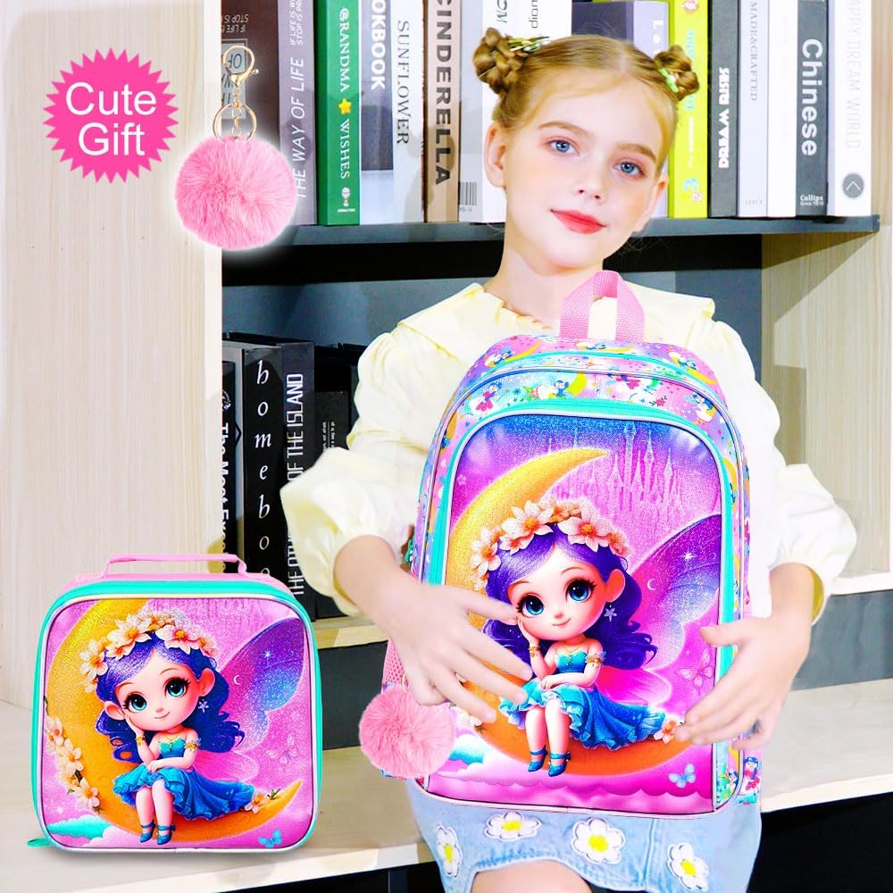 AGSDON 3PCS Girl Backpacks for Elementary Kids Backpack School with Lunch Box, 16" Bookbag for Girls 3 in 1 Set for Water Resistant - Image 3