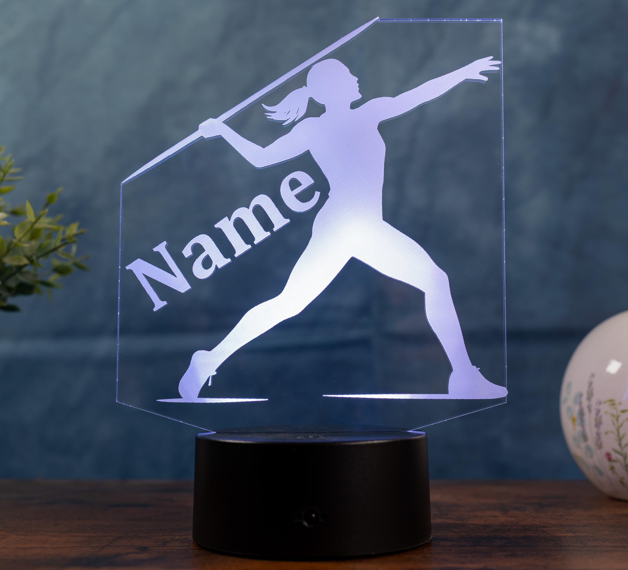 Speerwurf Lampe personalisiert – LED Nachtlicht mit Name | Leichtathletik Geschenk für Frauen & Mädchen | Javelin Throw Light Sport Deko Kinderzimmer & Vereinsheim