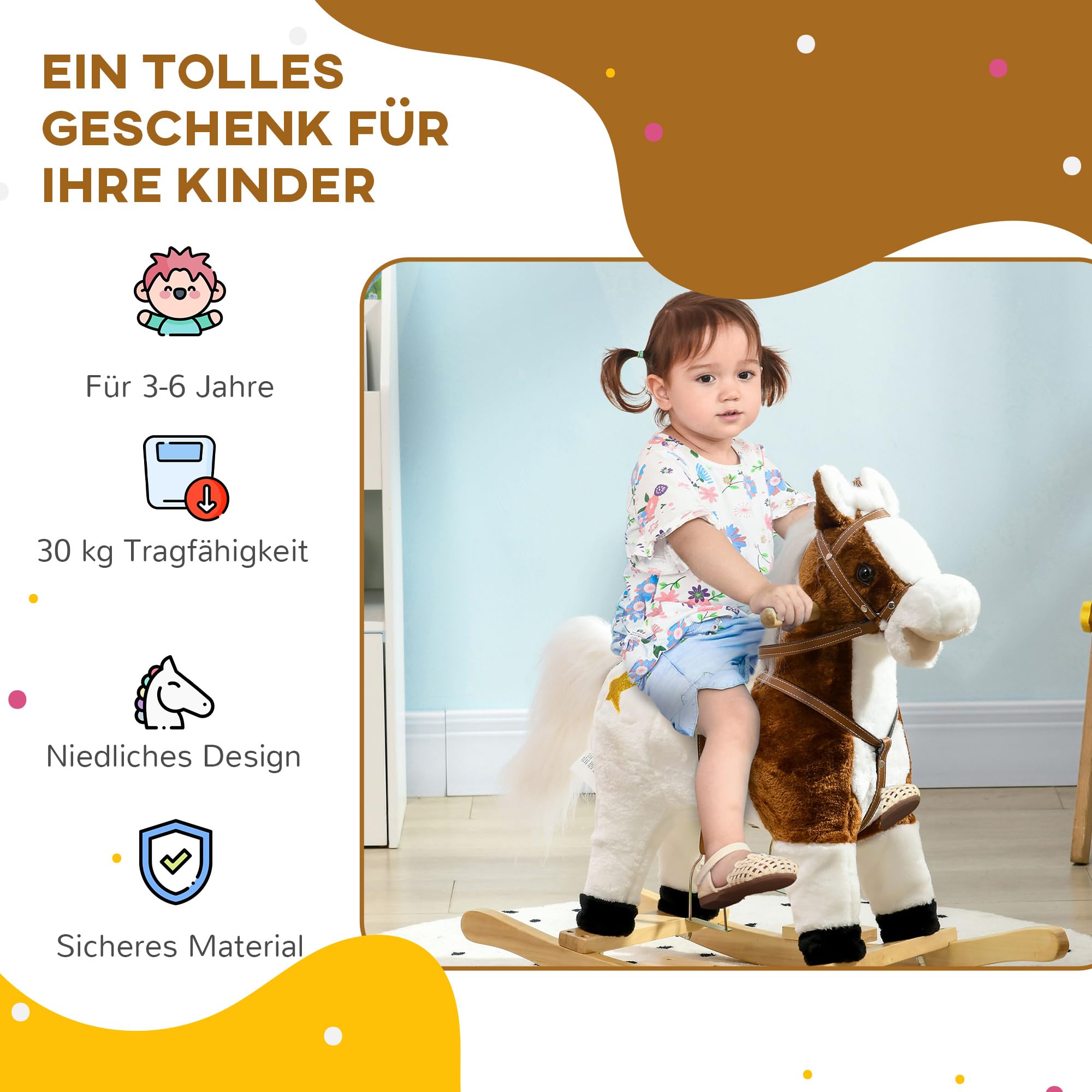 HOMCOM Schaukelpferd Schaukeltier Pferd mit Sound Effekt, Fußstütze, Haltegriffen Plüsch Baby Schaukelsitz Schaukelspielzeug Schaukel für Kleinkinder 3 bis 6 Jahre