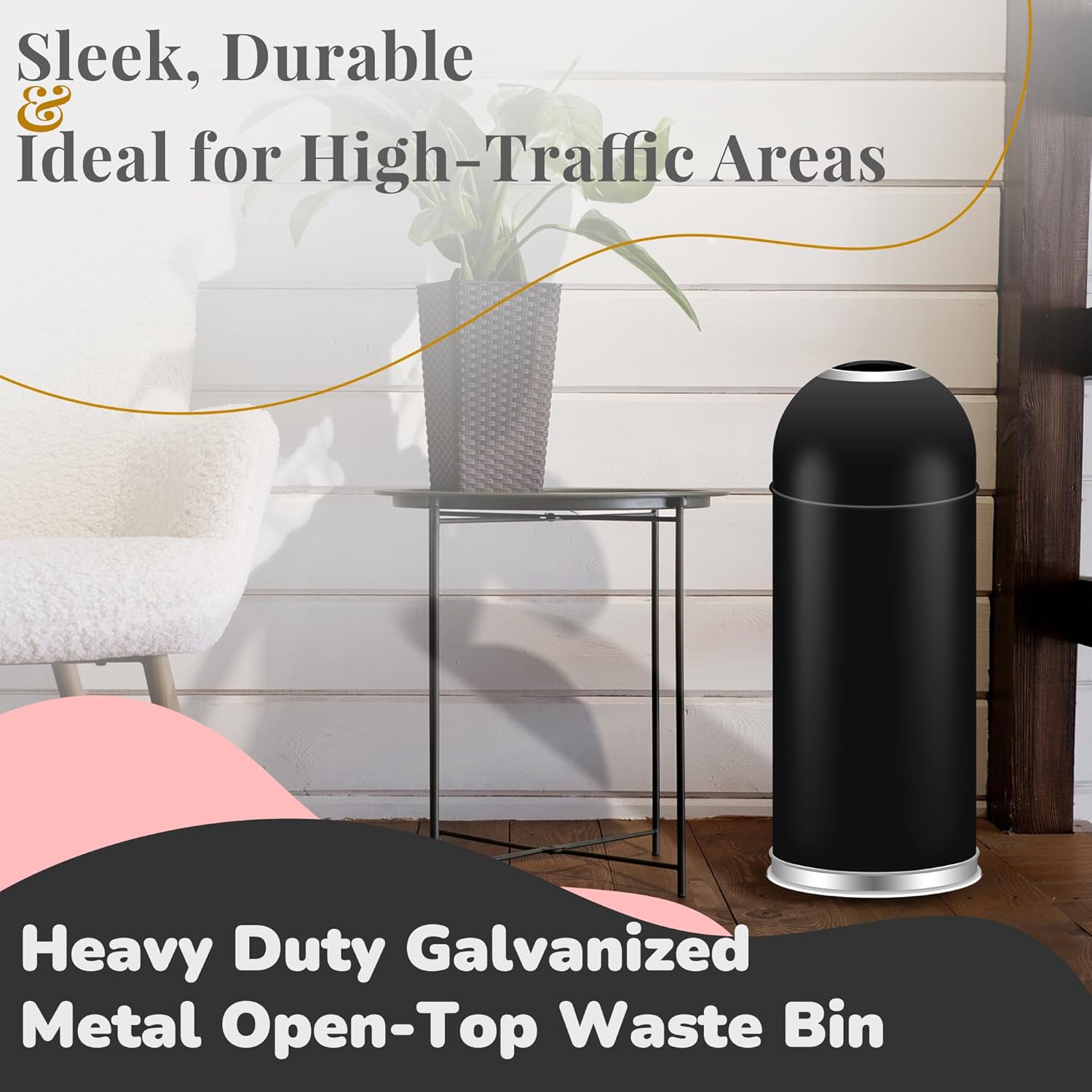Large Commercial 75L/ 20 Gallon Trash Can - Premium Black Steel Open Top Trash Bin for Home, Office & Restaurant - Heavy-Duty & Durable Metal Garbage Cans - Indoor and Outdoor Use
