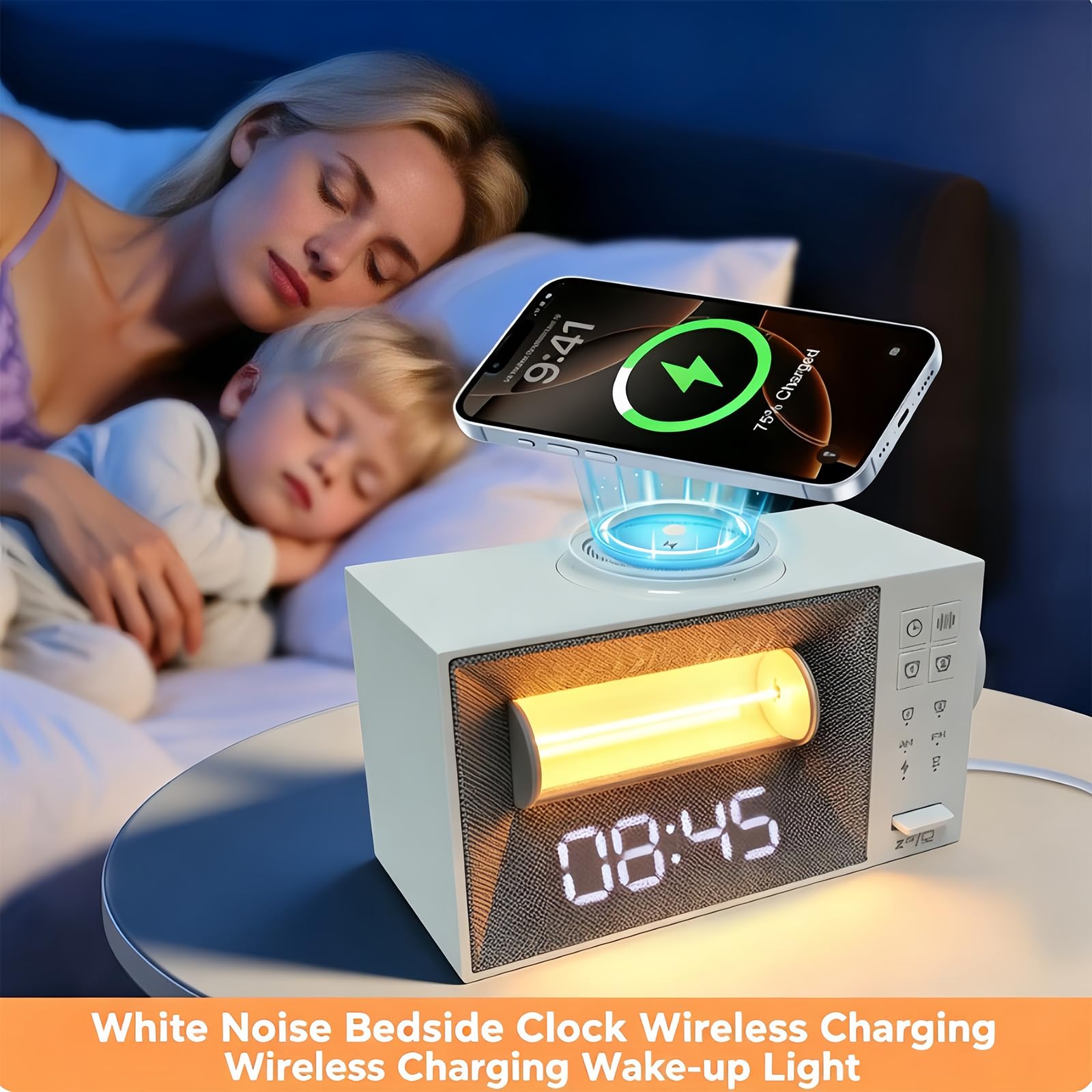 Intelligenter Wecker mit schnellem kabellosem, weißes Rauschen und sanft leuchtendes Nachtlicht, modernes ABS Design, weißes Rauschen, Einschlafhilfe
