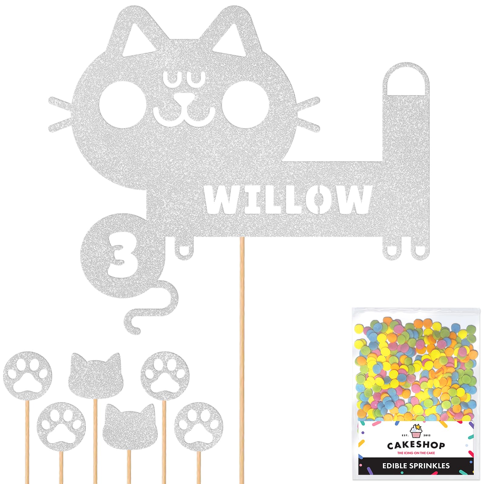 Personalised Birthday Cat Kitten Glitter Cake Topper- Light Silver Any Name & Age Glitter Cake Decoration and Sprinkles - Happy Birthday Decorations - Personalised Toppers for Cakes by Cakeshop — image 1