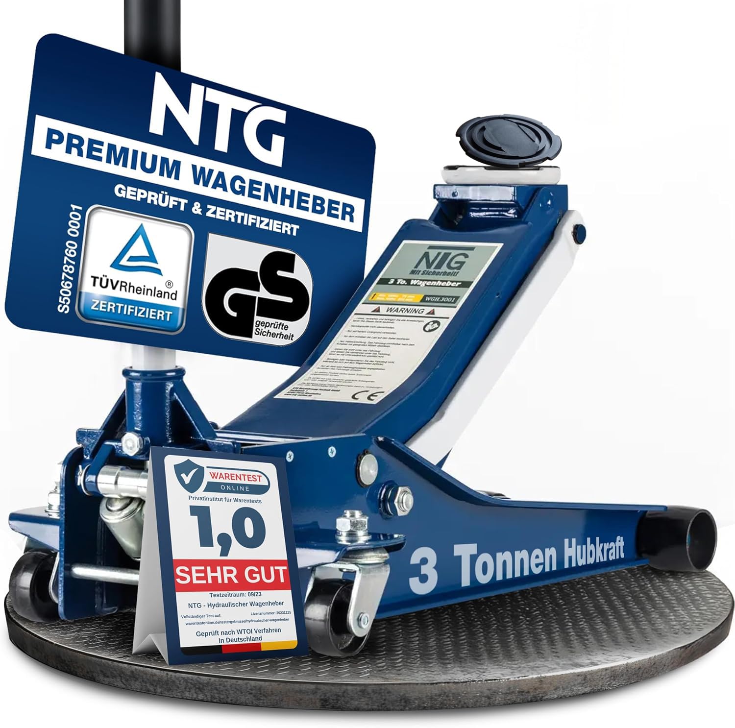 NTG Cric idraulico 3T (altezza di sollevamento 75-505 mm) Lowliner con doppio cilindro Cric professionale extra stabile per manovre 3000 kg in piano per SUV e auto ribassate Autovetture
