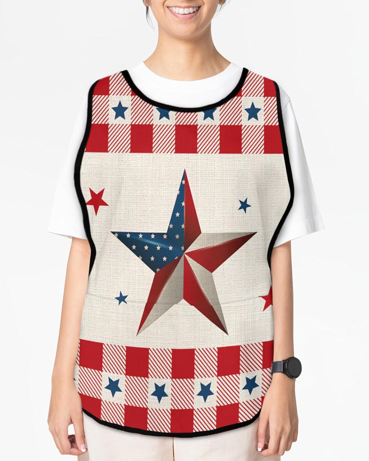 Patriotic Red Blue Star Cobbler Aprons with 2 Pockets for Women Men, Independence Day Burlap Plaid