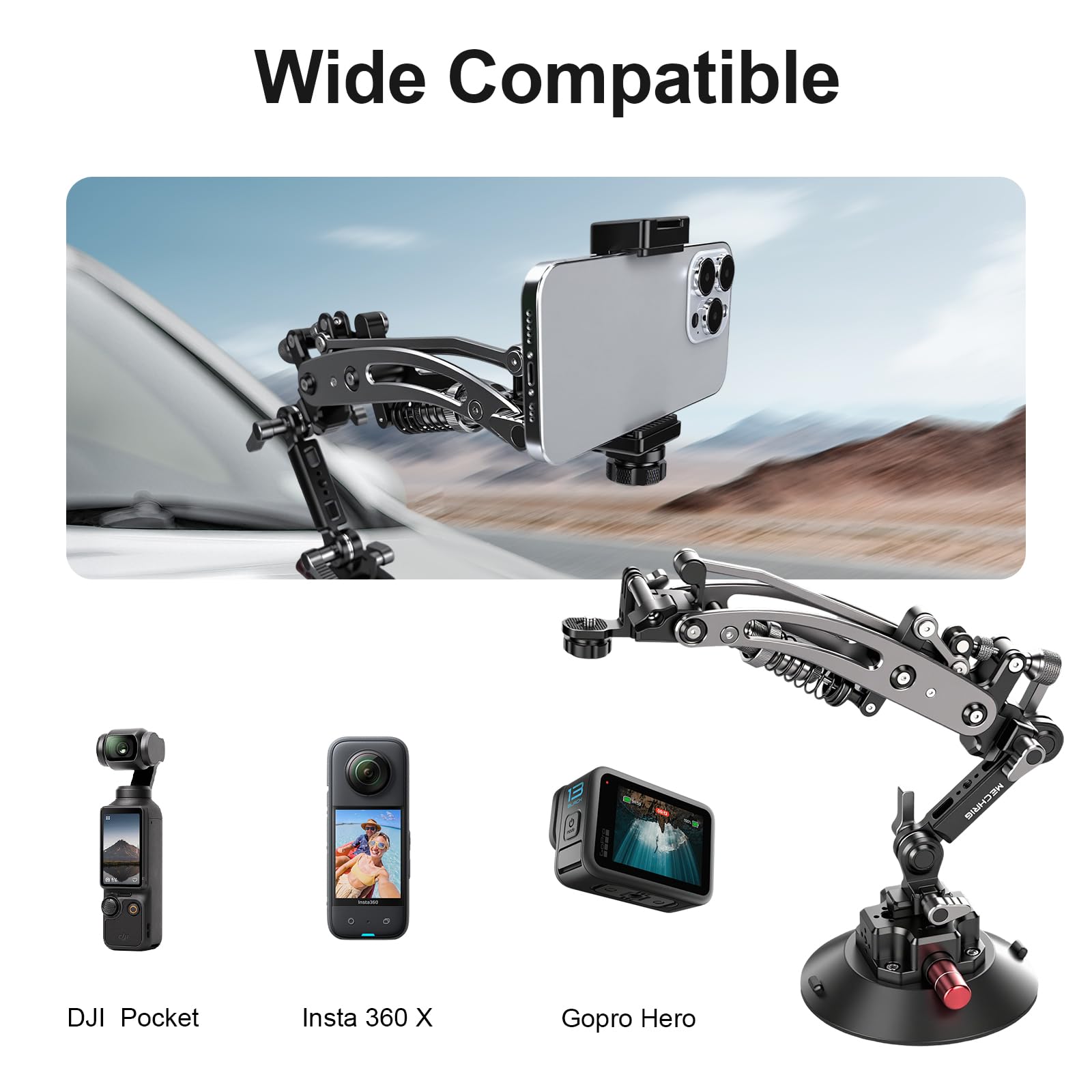MR01 Braccio idraulico per videocamera MECHRIG - Supporto per auto a ventosa da 15 cm con guida NATO a sgancio rapido, braccio ammortizzatore per DJI Osmo Pocket 3/Inst 360/Go Pro