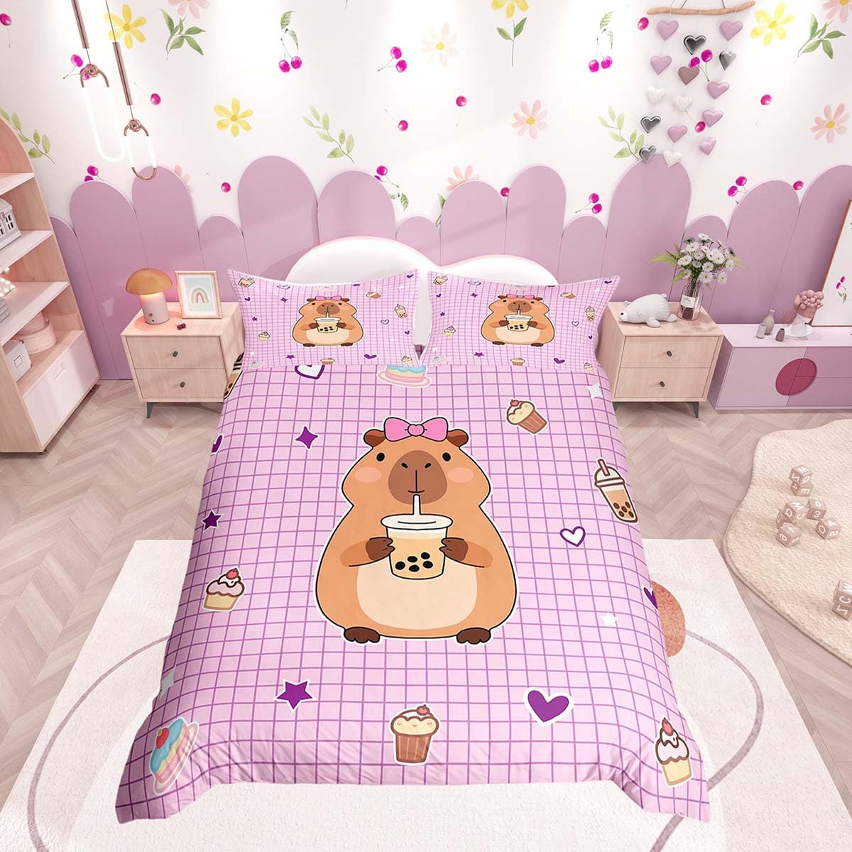 Parure de lit Capybaras housse de couette simple, le cadeau parfait pour chambre fille ou garçon