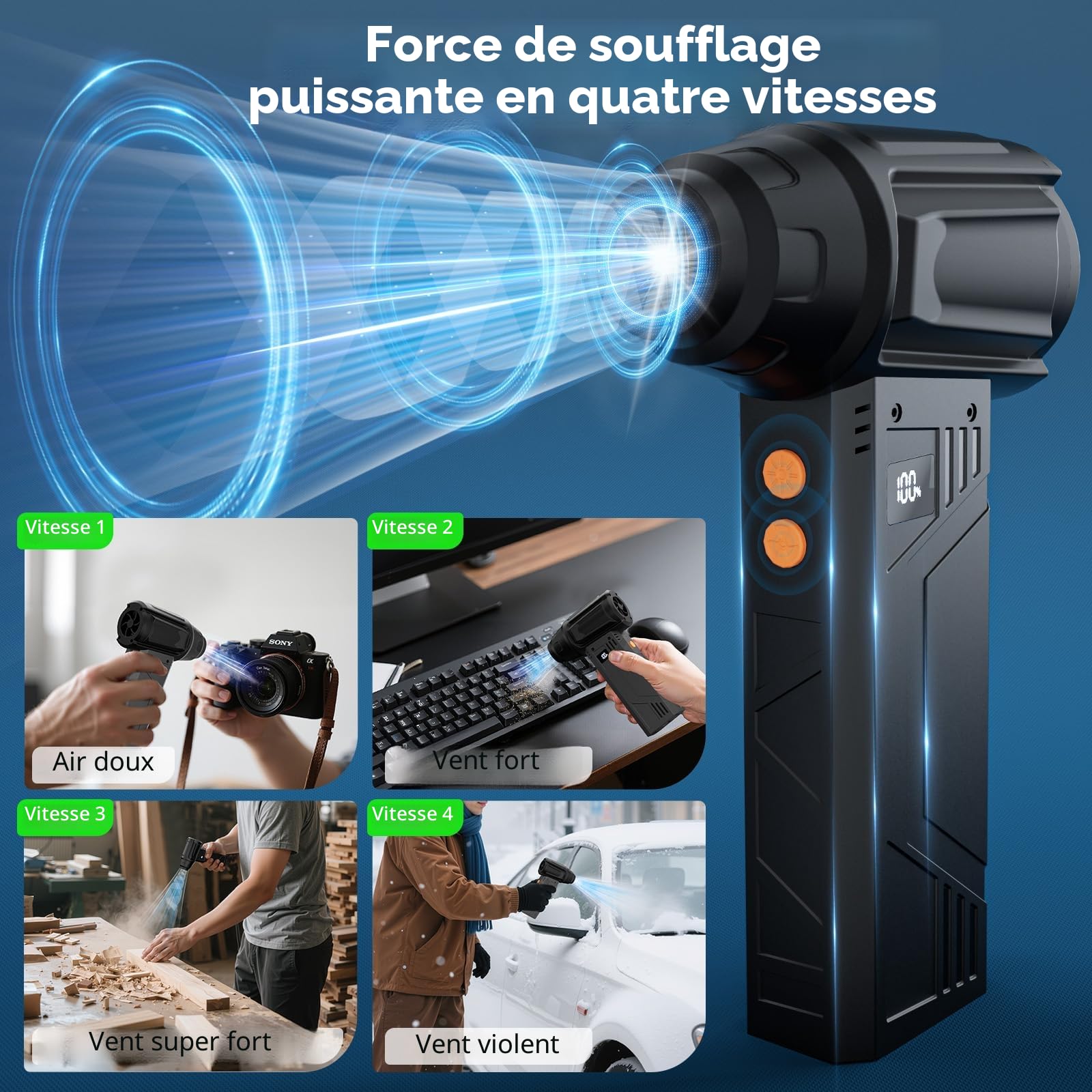 Souffleur Air Comprimé avec Lampe de Poche,180000 tr/min, Souffleur Électrique 4 -Vitesses avec Affichage avec Buses Multi-Usages pour Clavier, Extérieur,Car, Maison,Air Comprimé Nettoyage PC