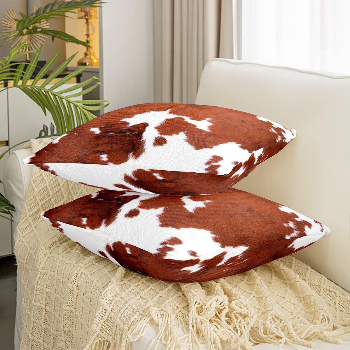 Loussiesd Cow Print Throw Pillow Covers Set of 2, Soft Shaggy Fluffy Cowhide Decor Cases, Super Faux Fur Cushion Covers - Image 3