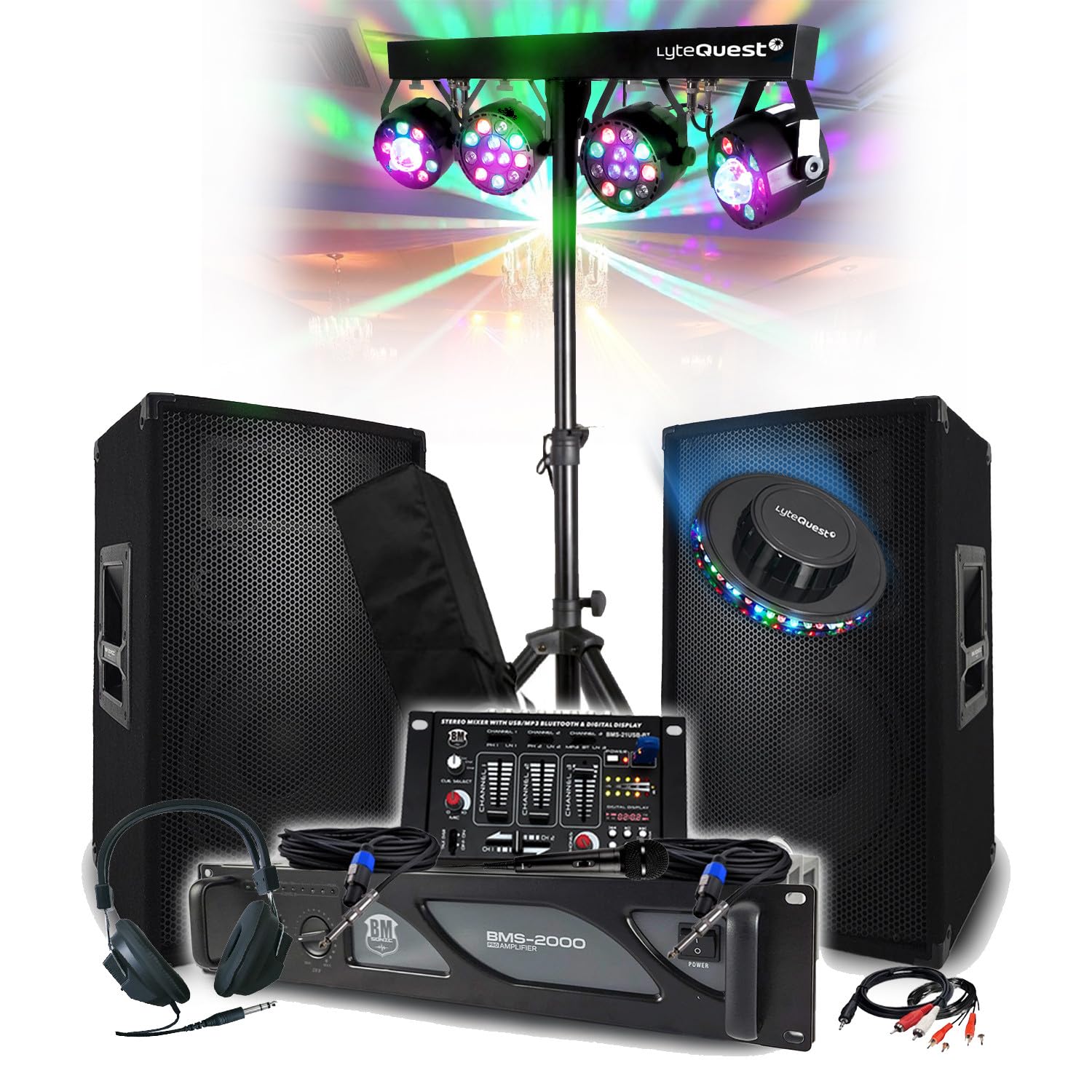 Pack Sono Complet 3200W BM Bmsonic Ampli 2000W, Paire d'Enceintes 2x600W, Table de Mixage, Portique 4 Lumières Xperformer OVNI LED