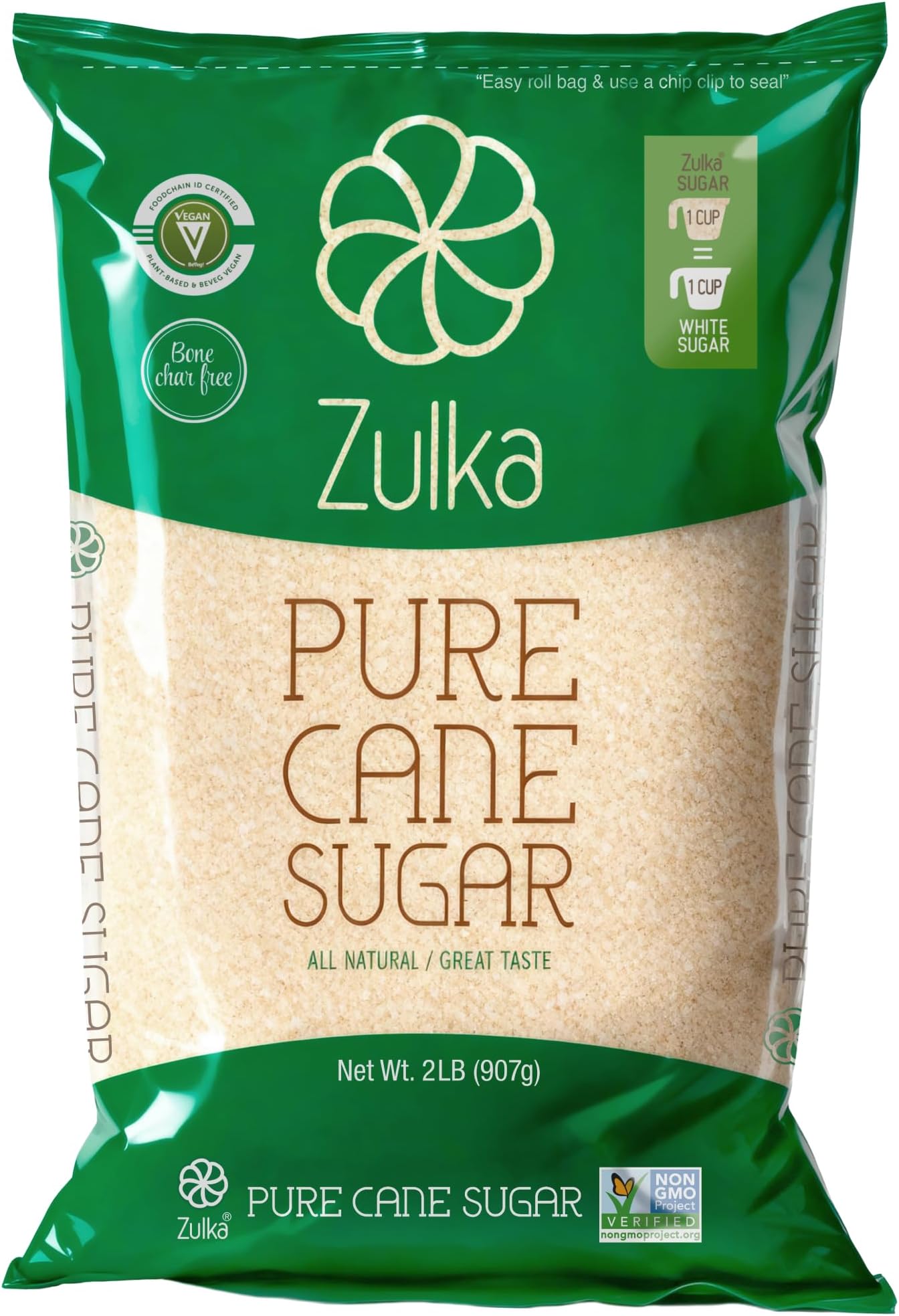 Zulka Pure Cane Sugar, 2 Lb - All-Natural, Non-GMO, Certified Vegan, Bone-Char Free & Kosher Pareve