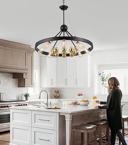 Miniatura 3 de Q&S Candelabro de rueda de vagón negro y dorado, 8 luces modernas de granja, círculo redondo, huevos dorados, accesorios de luz para comedor, sala