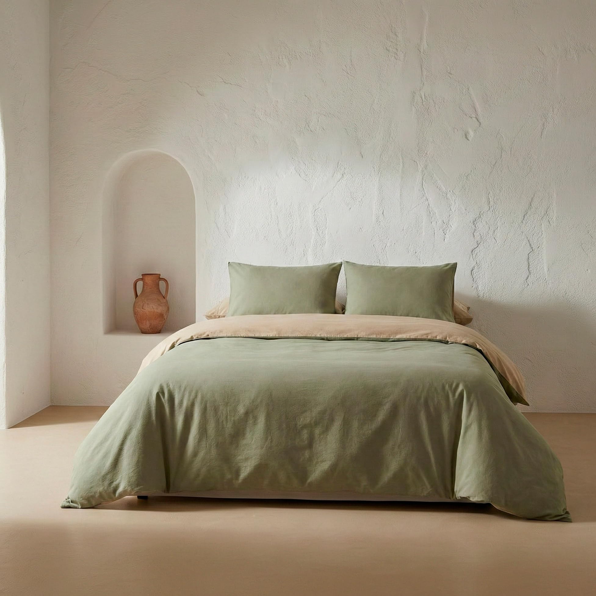 GAMUSI Juego Funda nórdica Cama de 180 - Reversible 100% algodón - con Fundas de Almohada - Piedra/Verde