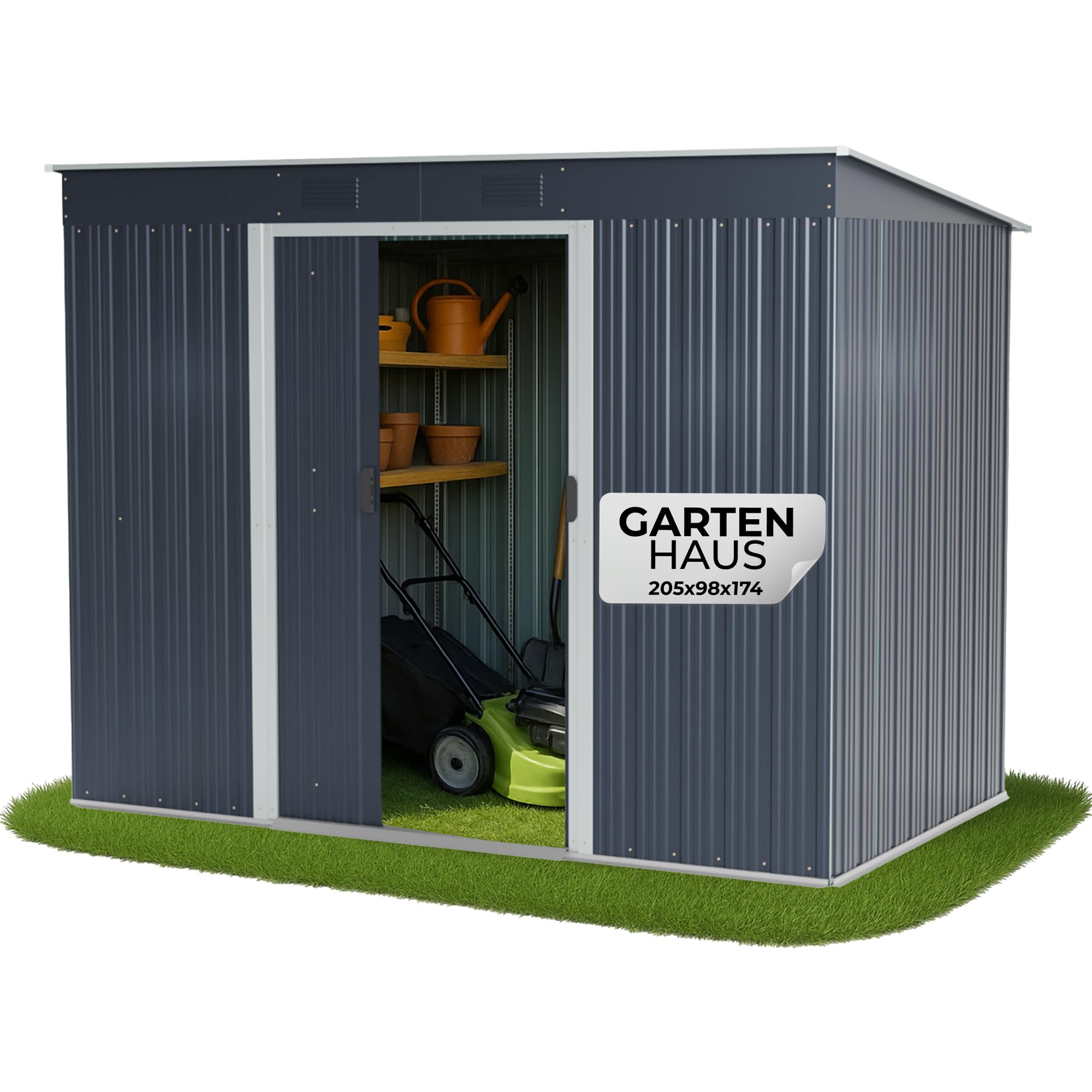STREND PRO Metall Gartenhaus mit Unterbau, Anthrazit, 205 x 96 x 174 cm | Solide & Langlebig | Geräteschuppen mit 2 Schiebetüren | Garten gerätehause | Gartenlaube | Blechhütte | Fahrradgarage