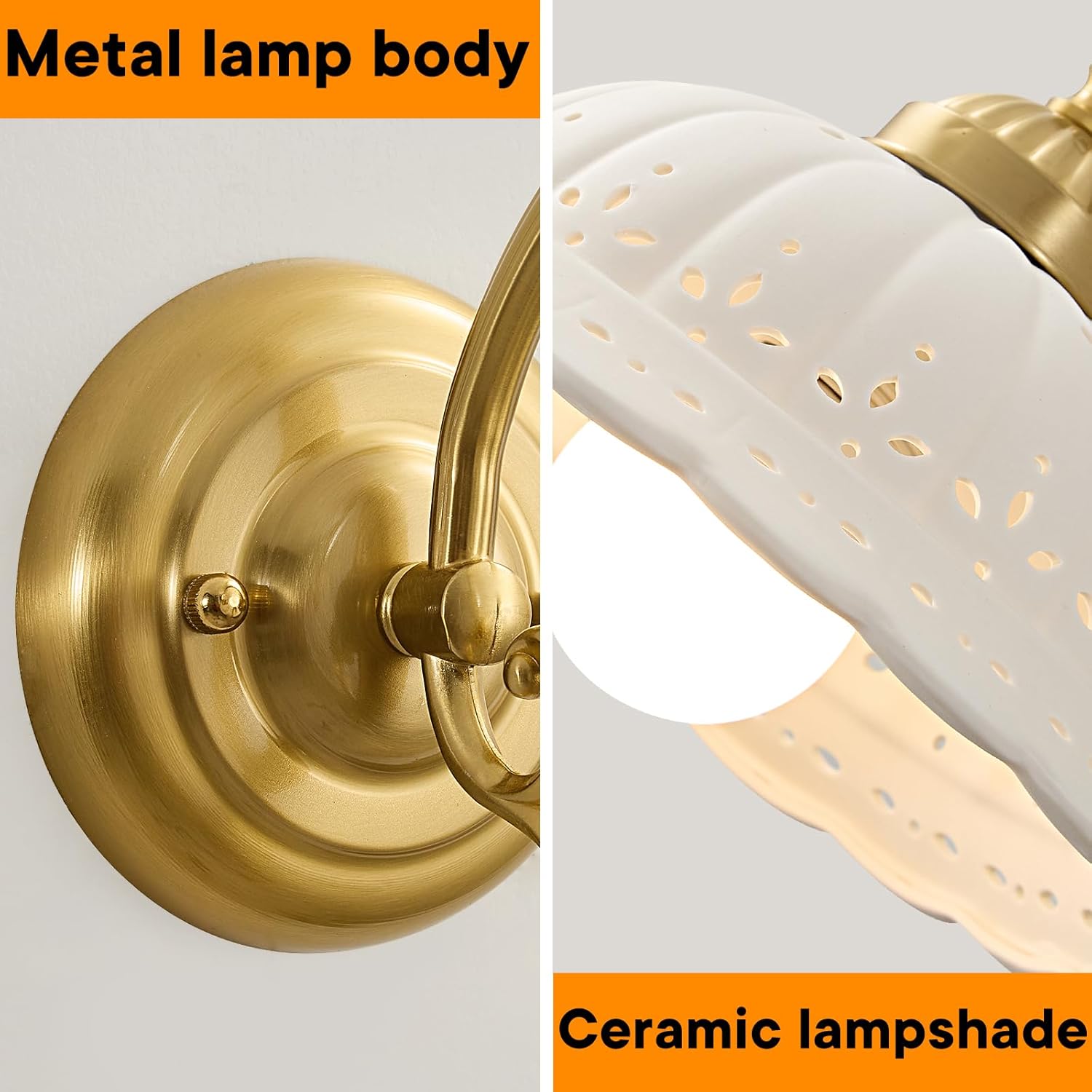 Vintage Gold Wall Sconce, Hardwired Bathroom Vanity Light with Ceramic Shade, Rustic Modern Sconce for Bedroom Bedside, Living Room Lighting Fixture​ (Ceramic-Flower)