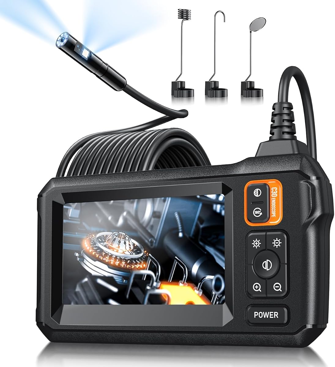 Endoscope Camera with Light, Inspection Borescope Camera with 4.3" IPS Screen, 1920P HD with 8 LED Lights, 16.5FT Semi-Rigid Cord Bore Scope, IP67 Waterproof Endoscope for Sewer, Dual Lens(Orange)