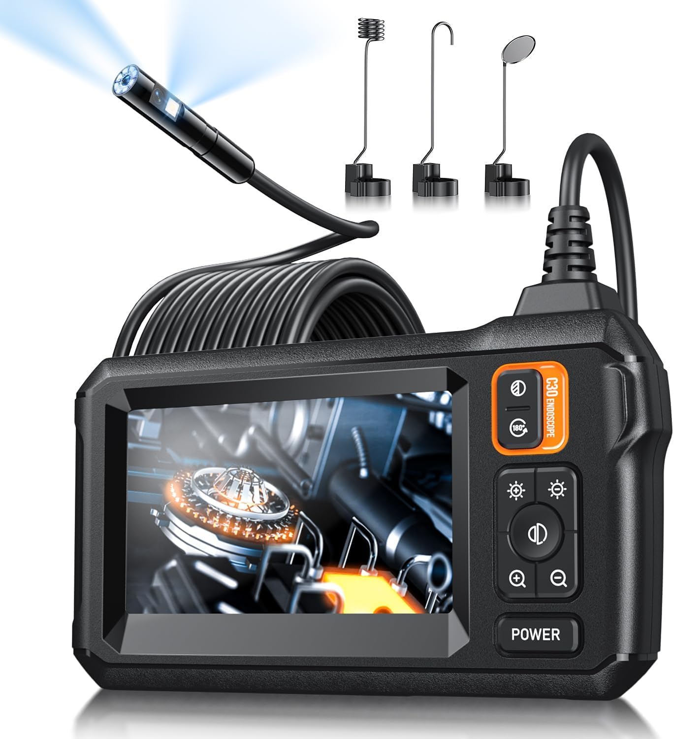Endoscope Camera with Light, Inspection Borescope Camera with 4.3" IPS Screen, 1920P HD with 8 LED Lights, 16.5FT Semi-Rigid Cord Bore Scope, IP67 Waterproof Endoscope for Sewer, Dual Lens(Orange)