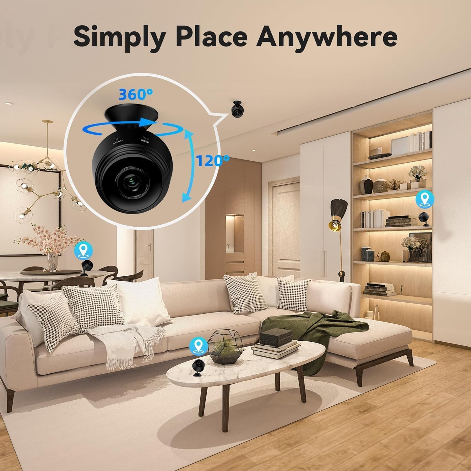 Oraolo Indoor Surveillance Camera placed in various locations in a living room