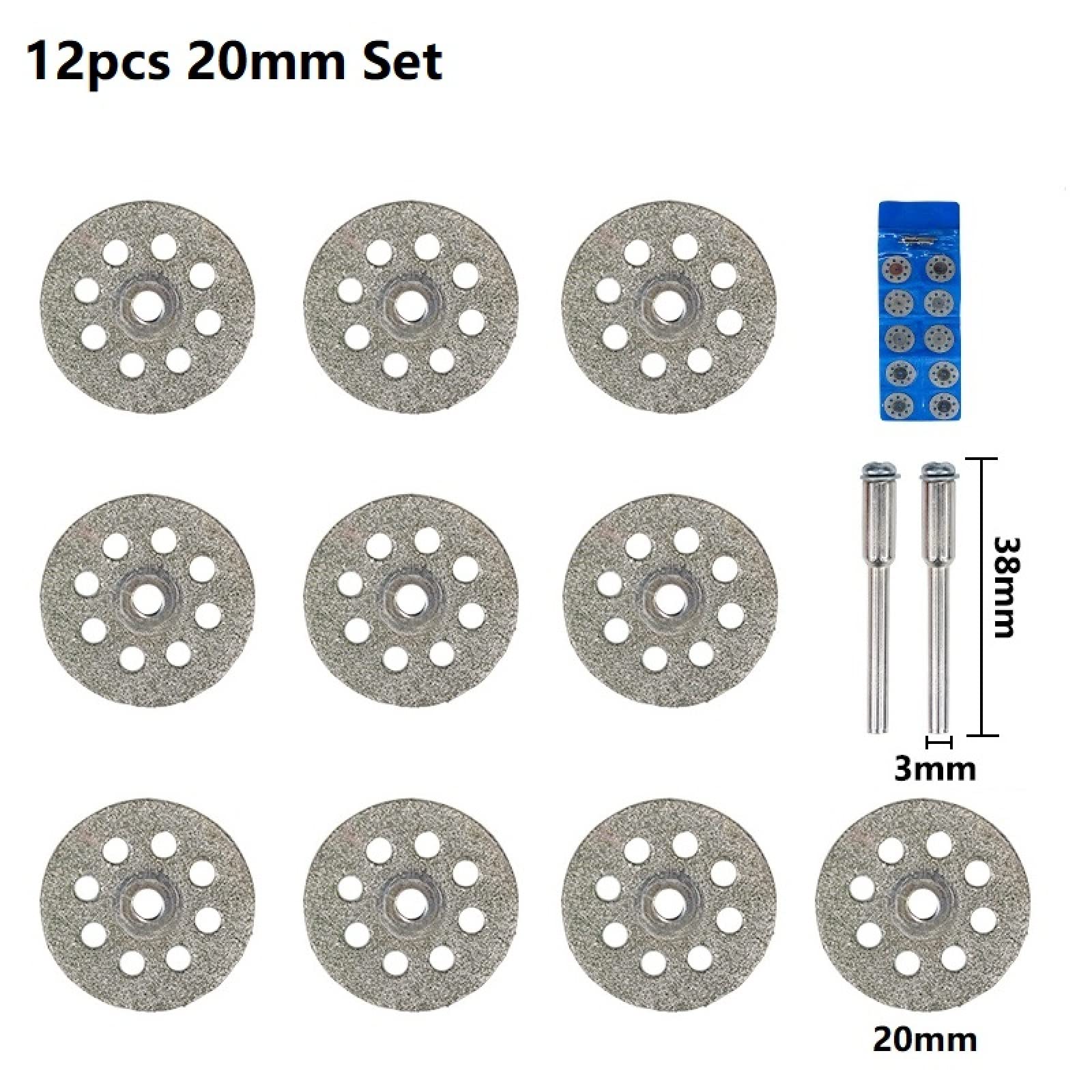 Brzeszczoty tarczowe, Zestaw 12 szt. 20 mm, 22 mm, 25 mm, 30 mm diamentowych tarcz tnących z trzpieniem do narzędzi obrotowych Miniaturowa diamentowa tarcza tnąca(20mm)